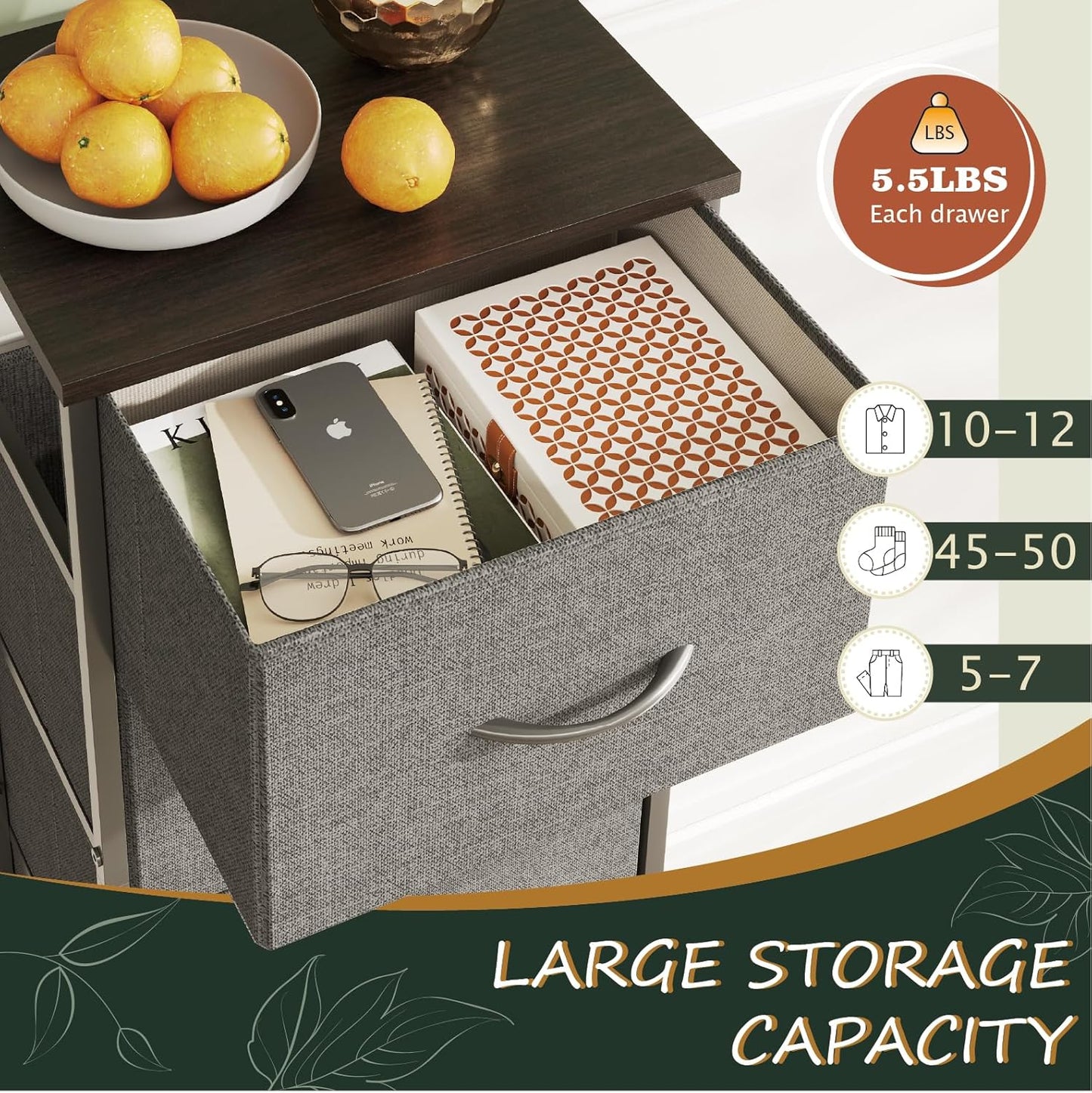 5-Drawer Tall Dresser for Bedroom, Fabric Dresser, Storage Dresser Organizer with Fabric Bins, Wood Top, Sturdy Steel Frame, Chest of Drawers for Closet, Hallway (Dark Grey)