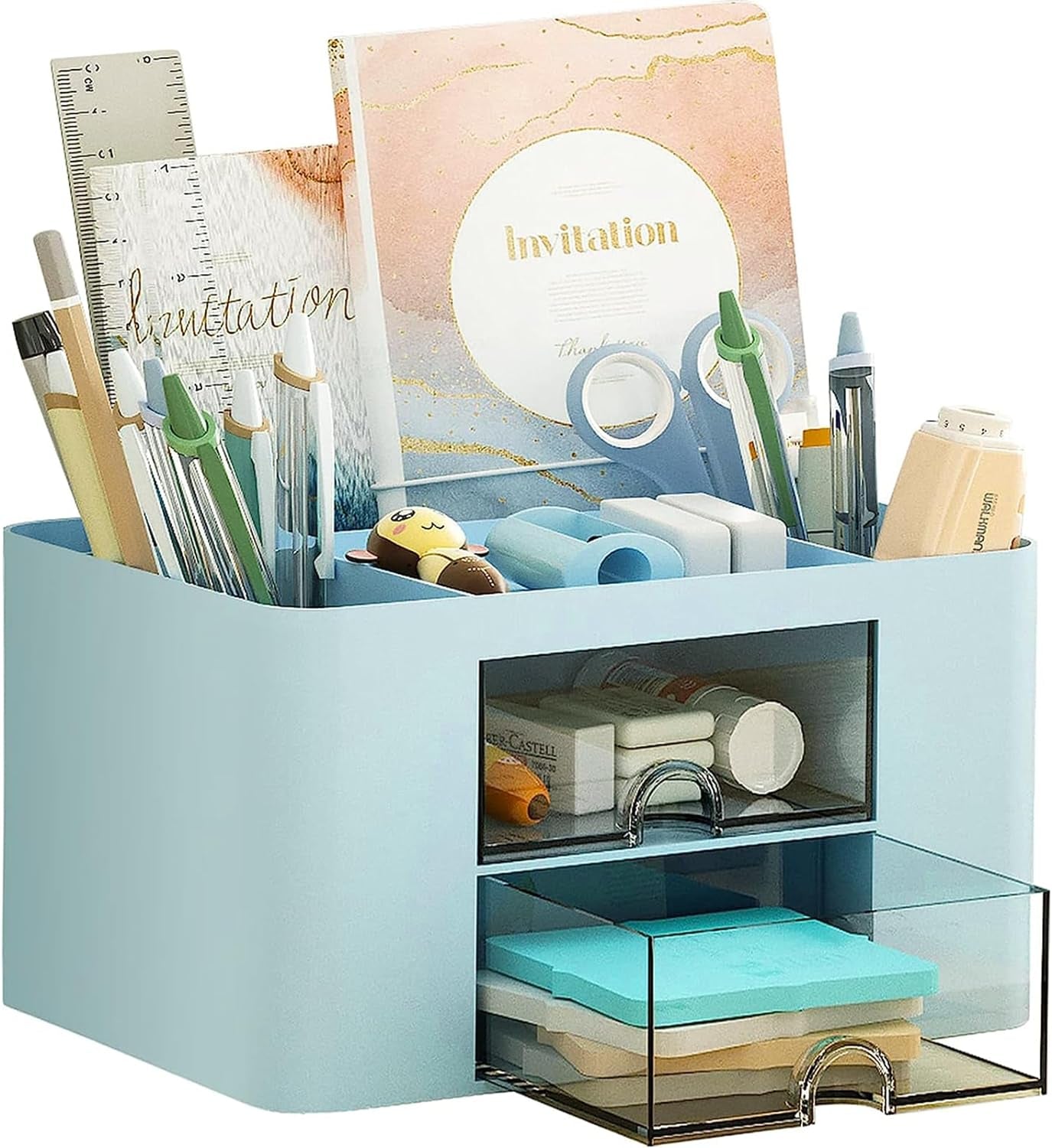 4-Section Drawer Organizer with Dual Pen Holders for Desktop Storage - Versatile Plastic Makeup and Desk Organizer for Home, School, and Office Supplies (White)