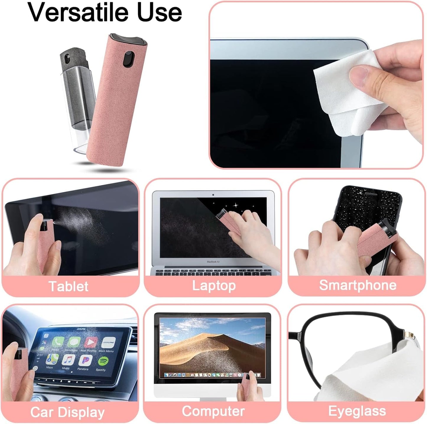 Screen Cleaning Kit: 2-Pack Spray - Microfiber Wipes for Laptops, Monitors, Car Screens - Black and Pink