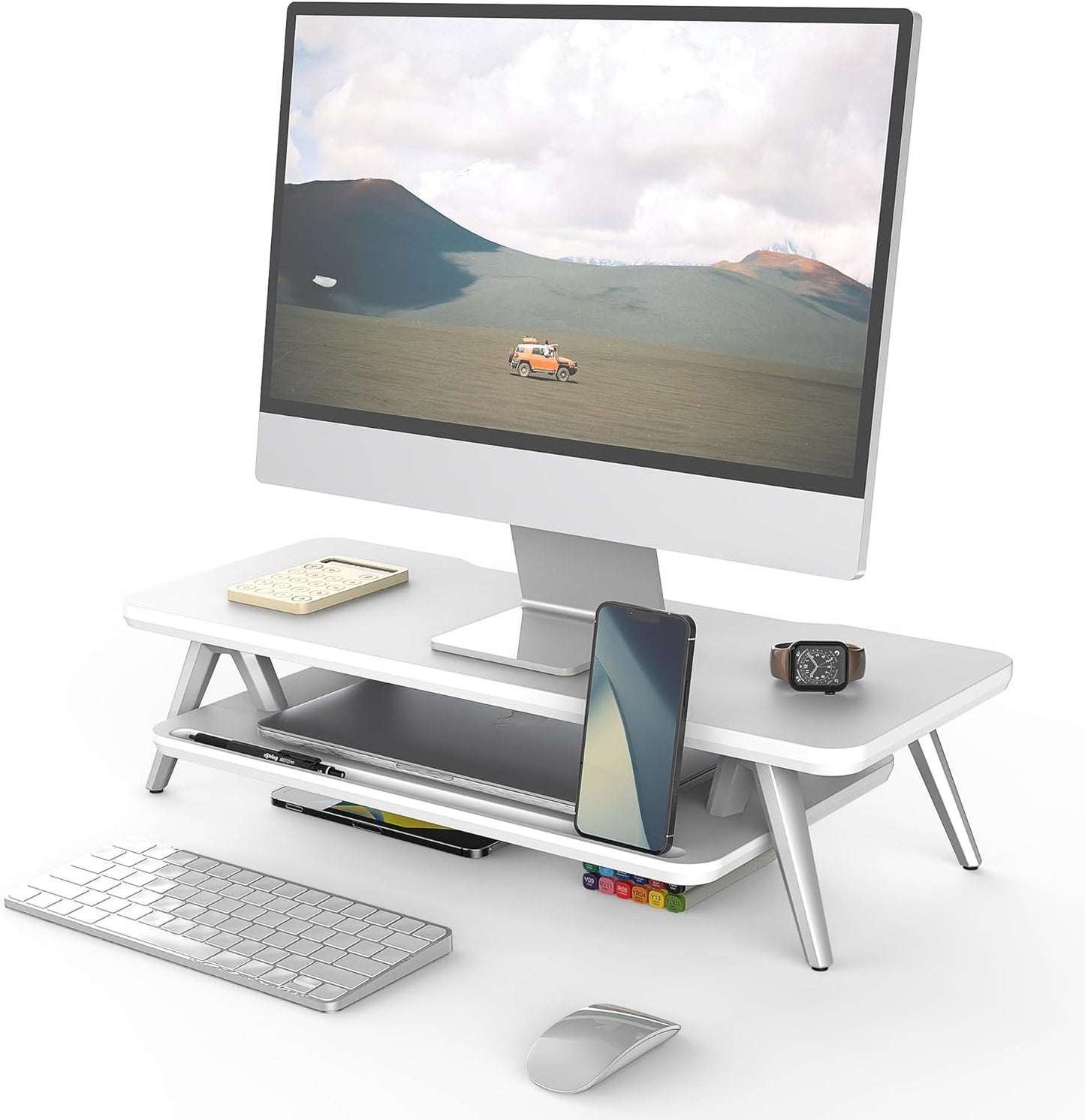 Dual Monitor Stand with Storage Organizer and Cable Management, 42.5-Inch Wooden Desk Shelf for Office Use (White)