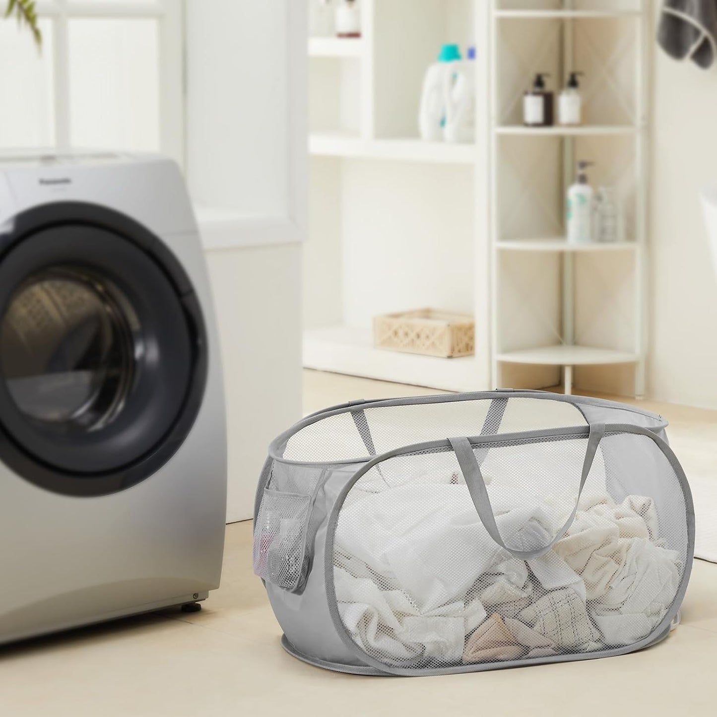 Collapsible Mesh Laundry Basket with Durable Handles and Pockets - Portable and Foldable Clothes Hamper