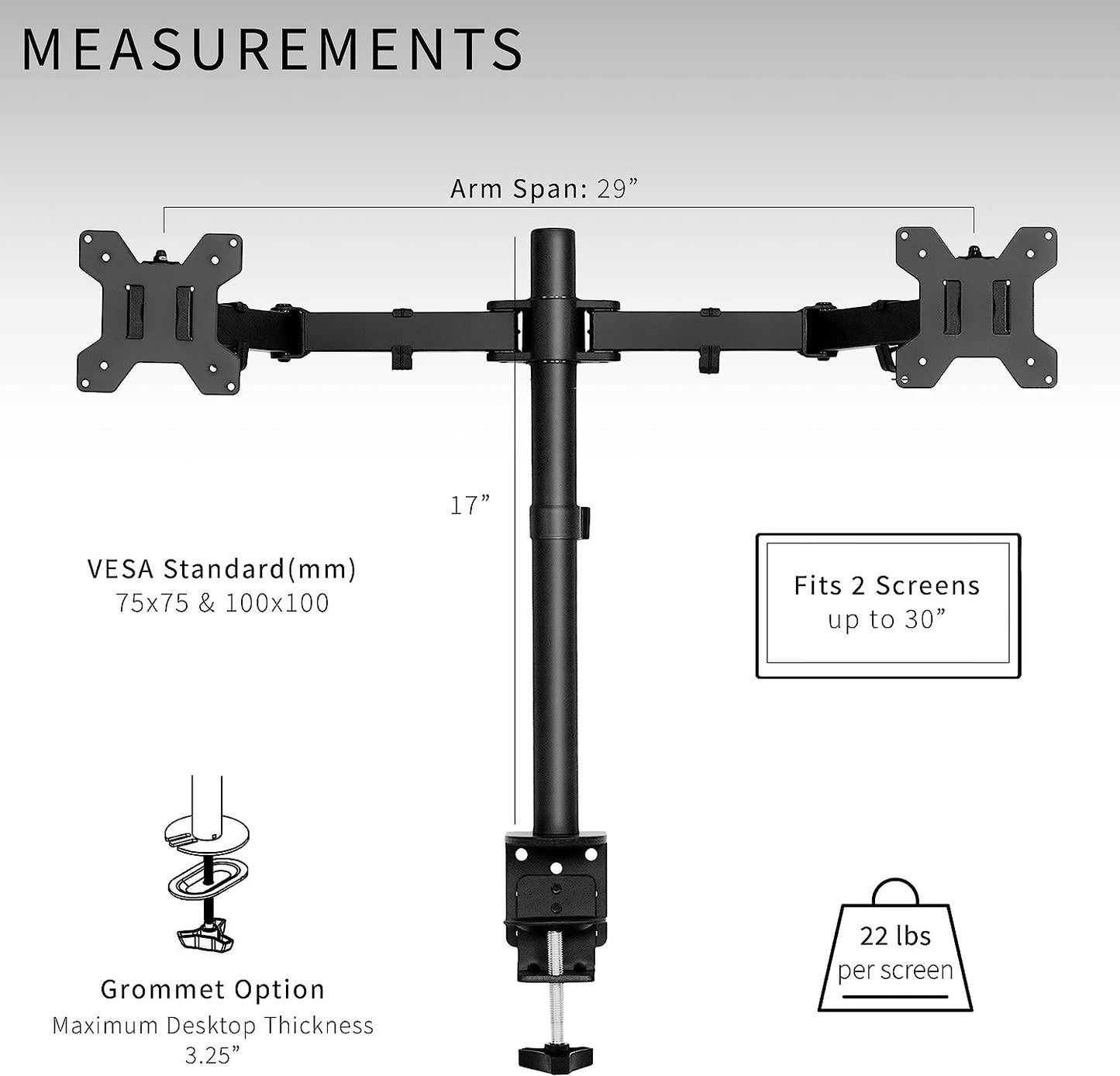 Dual Monitor Desk Mount, Heavy Duty Fully Adjustable Stand, Fits 2 LCD LED Screens up to 30 Inches, Black, STAND-V002