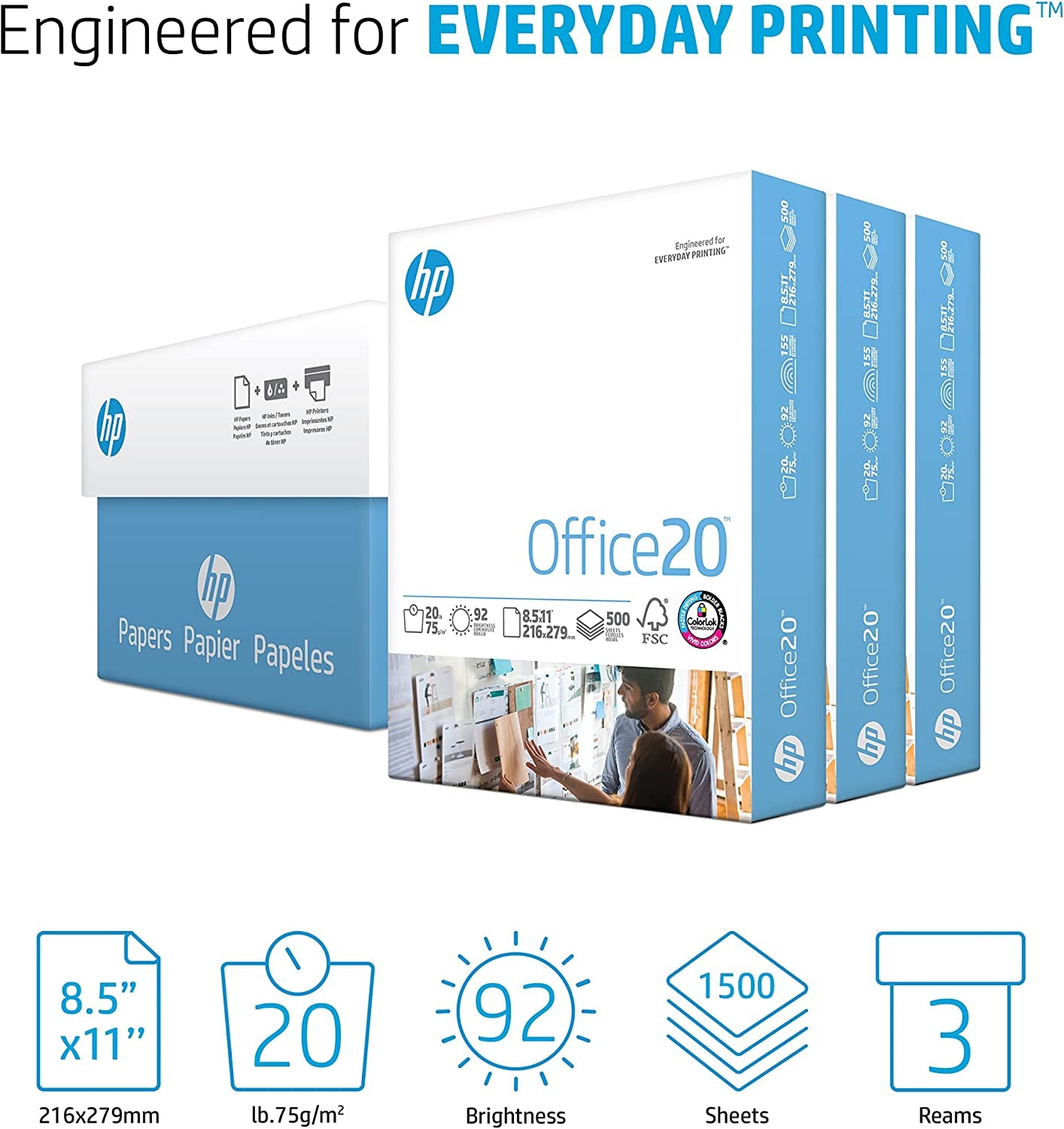 Office Printer Paper HP 8.5x11, 20 lb, 3 Ream Case (1500 Sheets), 92 Bright, FSC Certified, Compatible with HP Printers