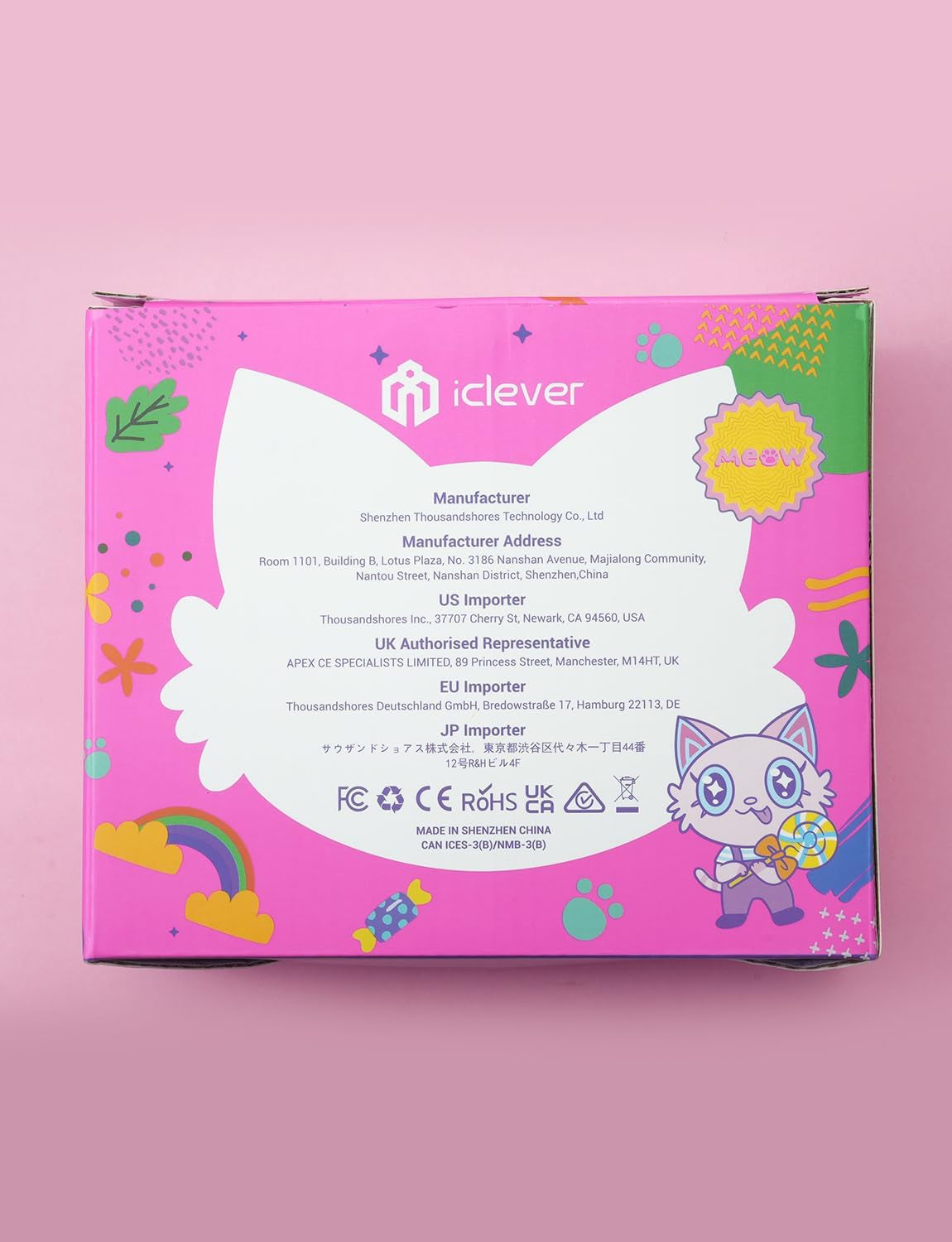 Children's Cat Ear Headphones with LED Lights, 85dBA Volume Limiting, Stereo Sound, Foldable Wired Design for Travel and School, Compatible with iPads and Tablets, Meow Lollipop - Hot Pink