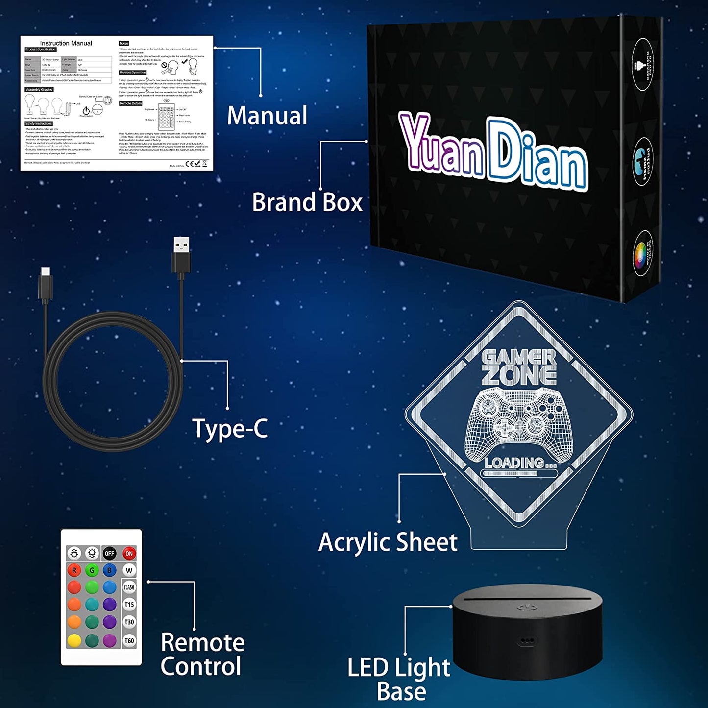 Gamer Zone Night Light,Gamepad Gamepad Graphic Video Games Gamer Gift Funny 3D Illusion Lamp 16 Colors Changing Touch & Remote Control for Men Teenagers and Kids