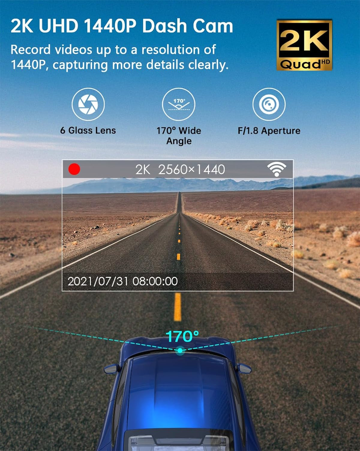 2K WiFi 1440P Dash Camera for Cars with Super Night Vision, WDR, Loop Recording, G-Sensor, 24-Hour Parking Monitoring, Mobile App Support, Up to 128GB Storage Capacity