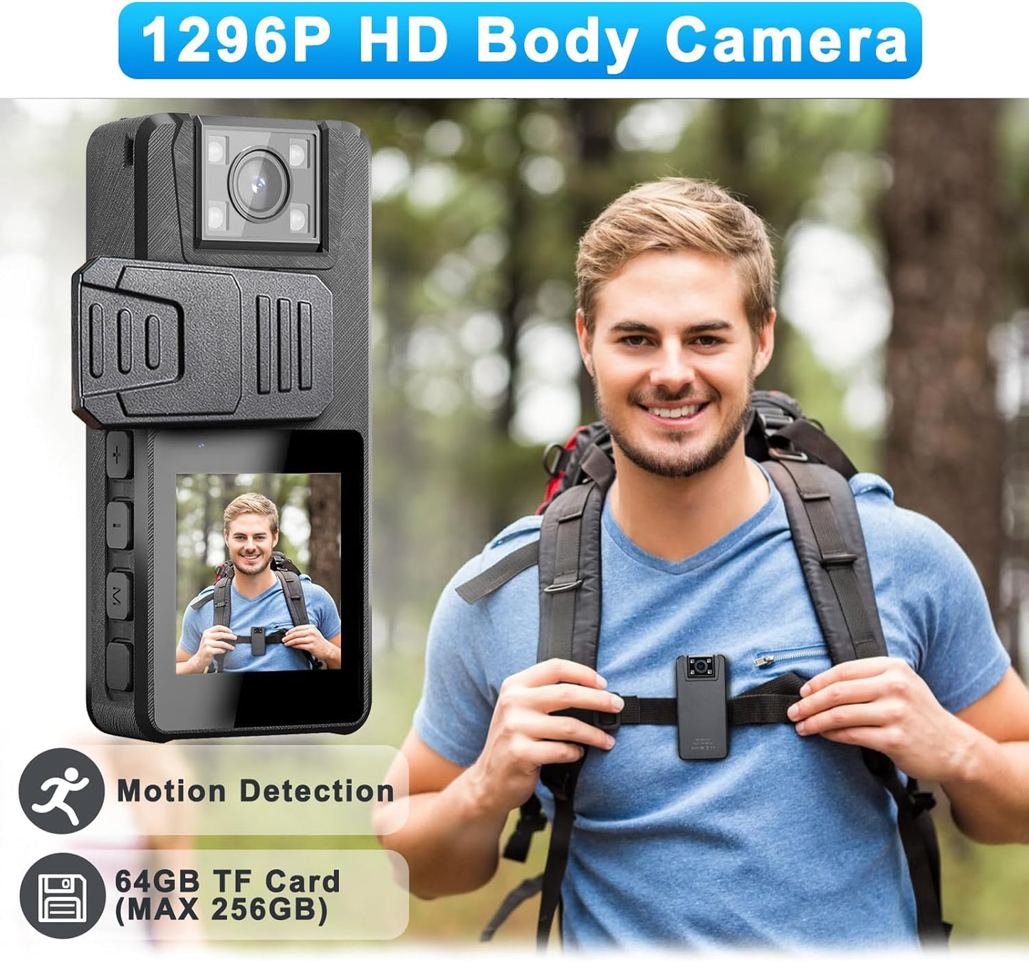 64GB Body Camera - 1296P Resolution, 3000mAh Battery, IR Night Vision, 180° Rotatable Lens, and Dual Clips s