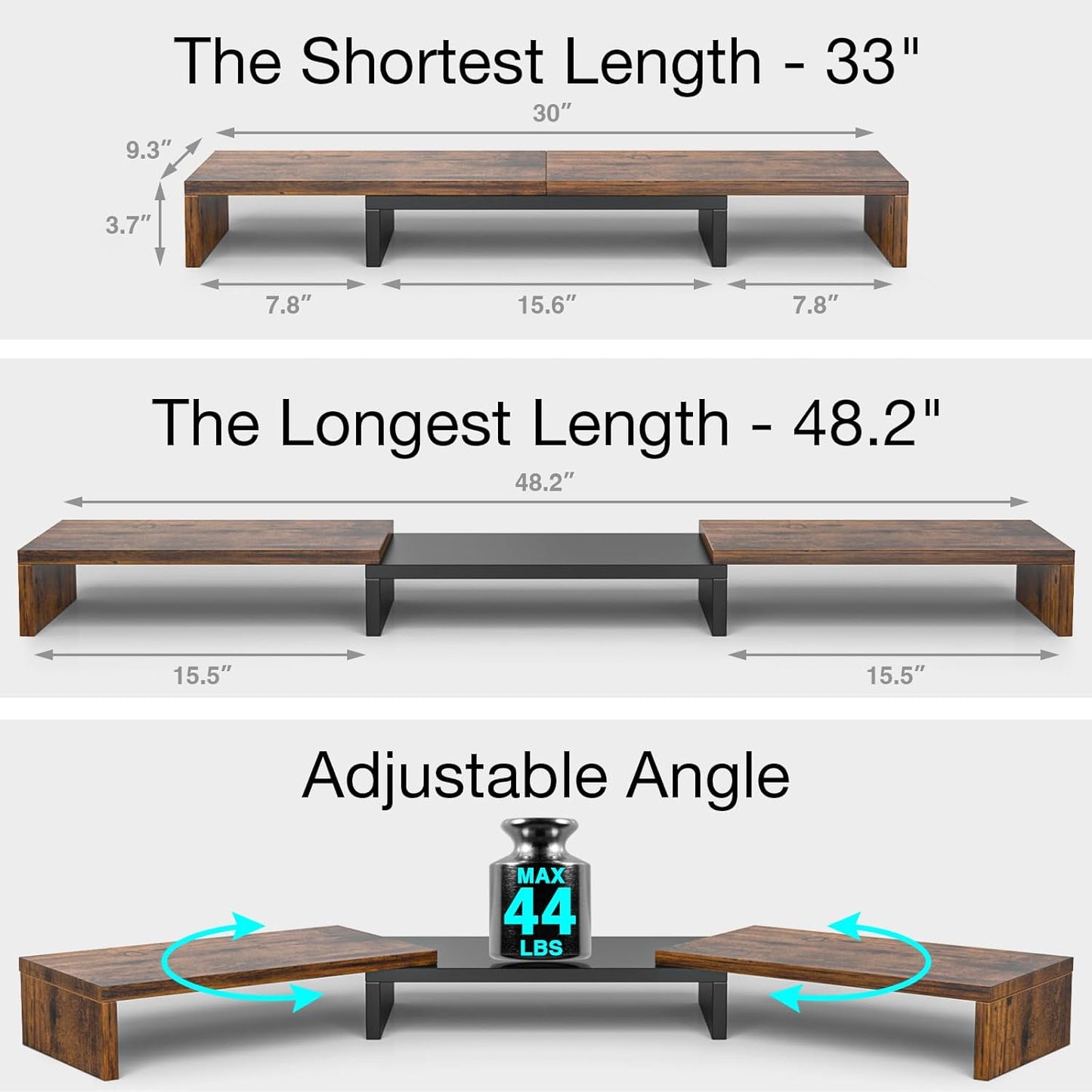 Dual Monitor Stand with Adjustable Length and Angle, 48.2" Desk Riser for Computer Monitors, Brown Office Accessory