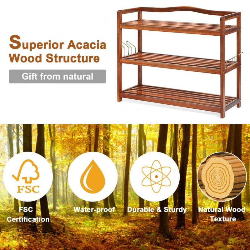 Acacia Wood Shoe Rack with 2-Tier, 3-Tier, and 5-Tier Options and Side Metal Hooks
