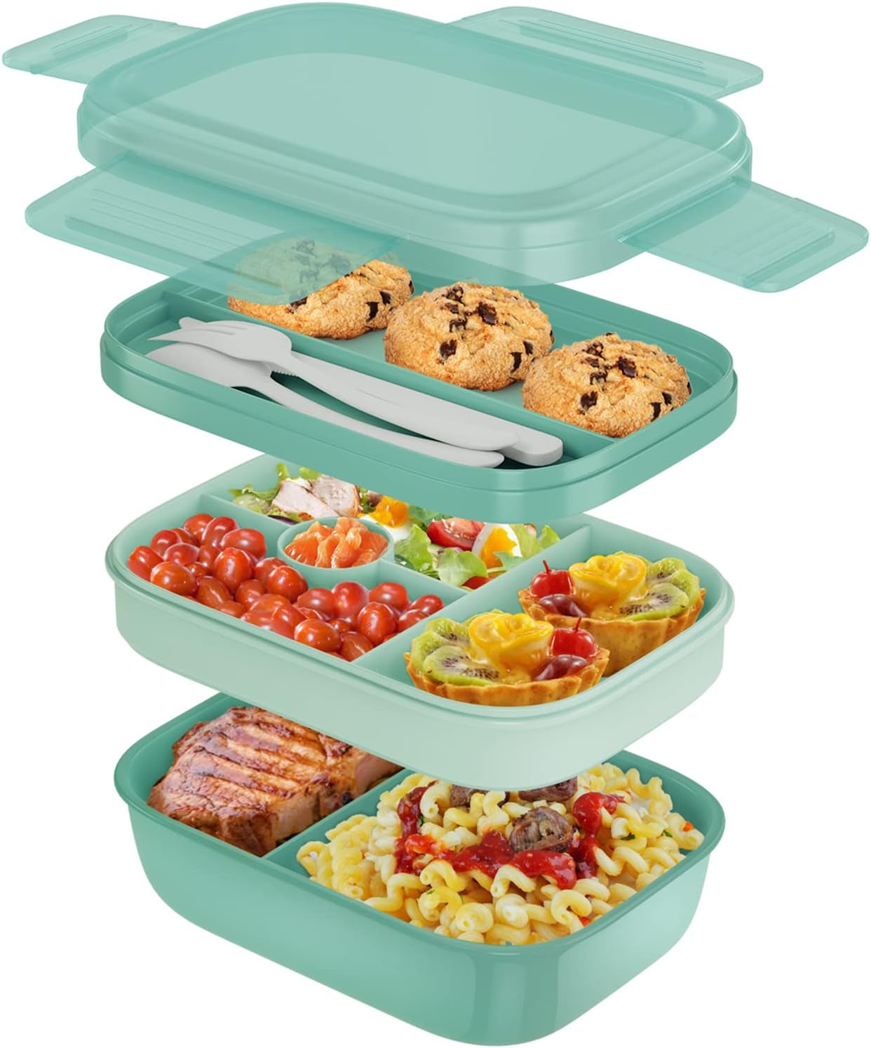 Stackable 3-Layer Bento Box Lunch Container for Adults and Kids, 1.9L Food Storage with Cutlery, 8.5" x 5.7" x 3.9" (Grey)