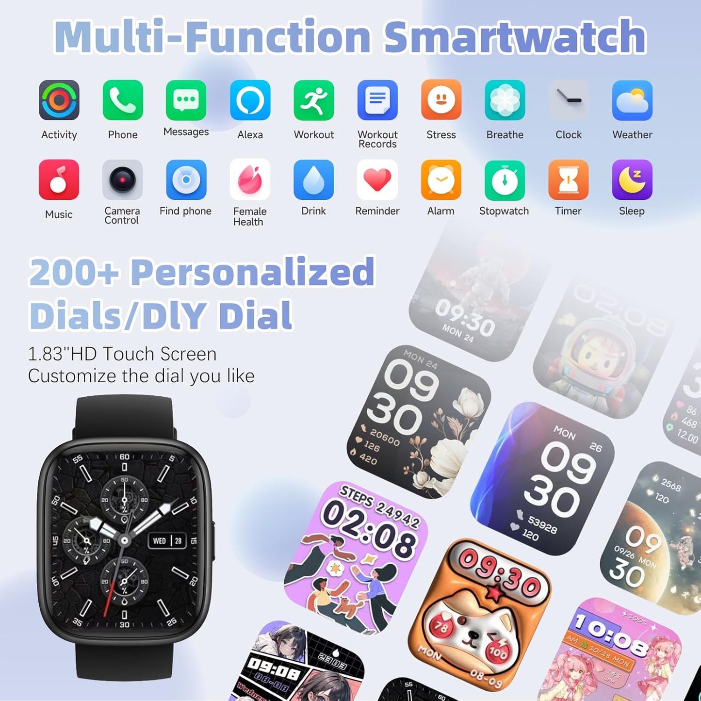 Smartwatch with Call Functionality, Built-in Alexa, 1.83" HD Touchscreen, Fitness Tracking, Heart Rate, SpO2, Sleep Monitoring, IP68 Waterproof, 100 Sports Modes