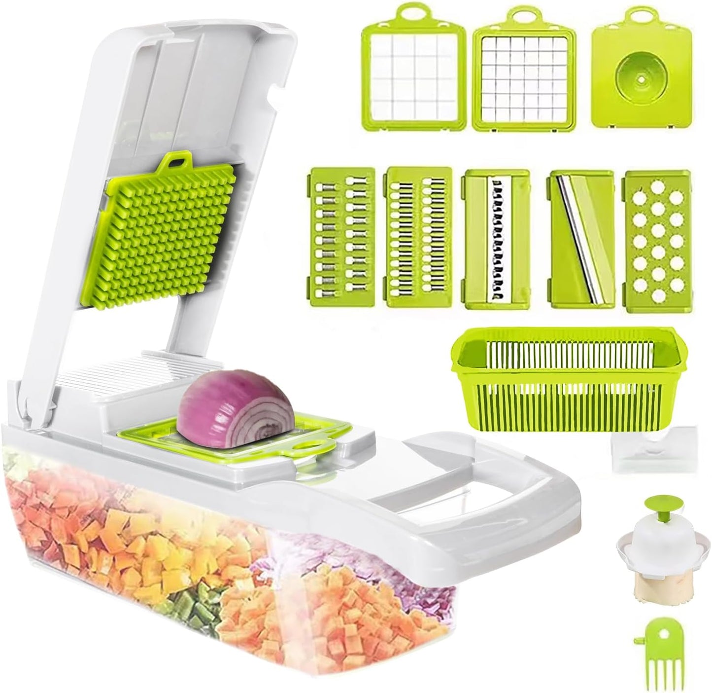 Multifunctional 13-in-1 Vegetable Chopper and Slicer with Container, 8 Interchangeable Blades, Hand Protector, Drain Strainer, and Cleaning Brush
