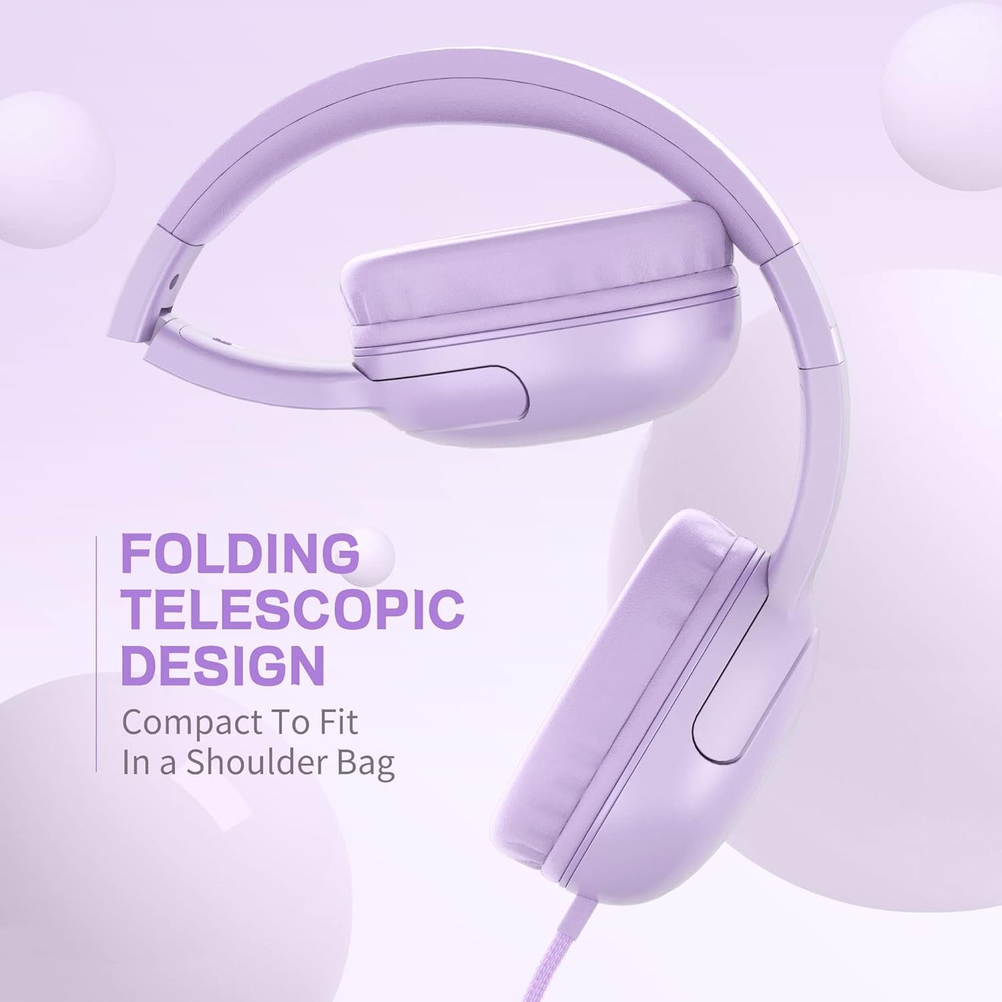 Foldable Wired Headphones for Kids with Tangle-Free Nylon Wire and 3.5mm Jack - Stereo On-Ear Headsets for Tablets, iPads, and Travel (Purple)