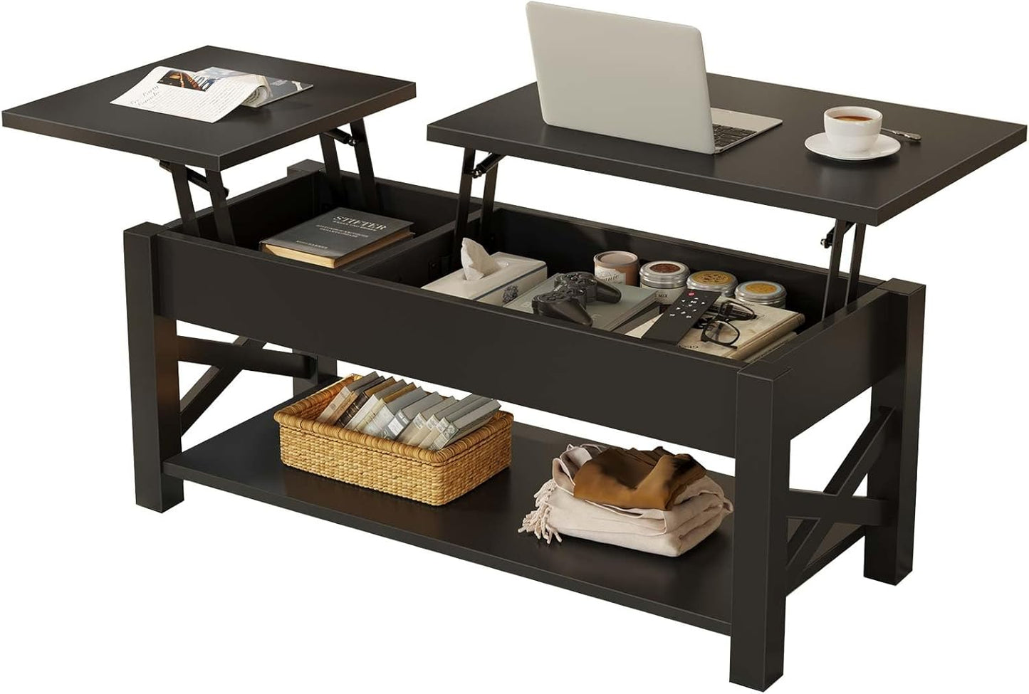 47.2" Lift Top Coffee Table with Hidden Compartment and Open Shelf, Rustic Brown Farmhouse Center Table