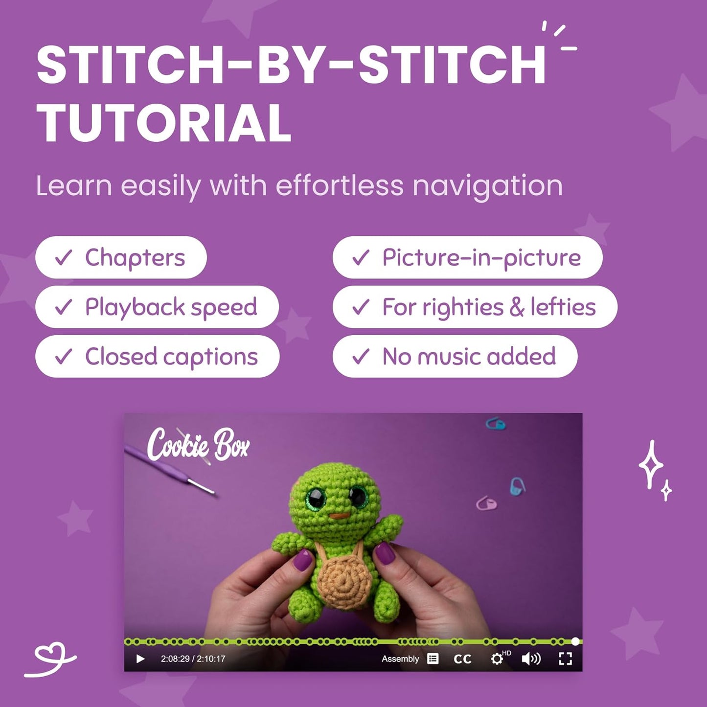 Crochet Kit for Beginners - Learn to Crochet Amigurumi Stuffed Animals - Gift - for Kids (14+) and Adults - Beginner-Friendly Yarn - Stitch-By-Stitch Video Tutorial - Turtle Hugo