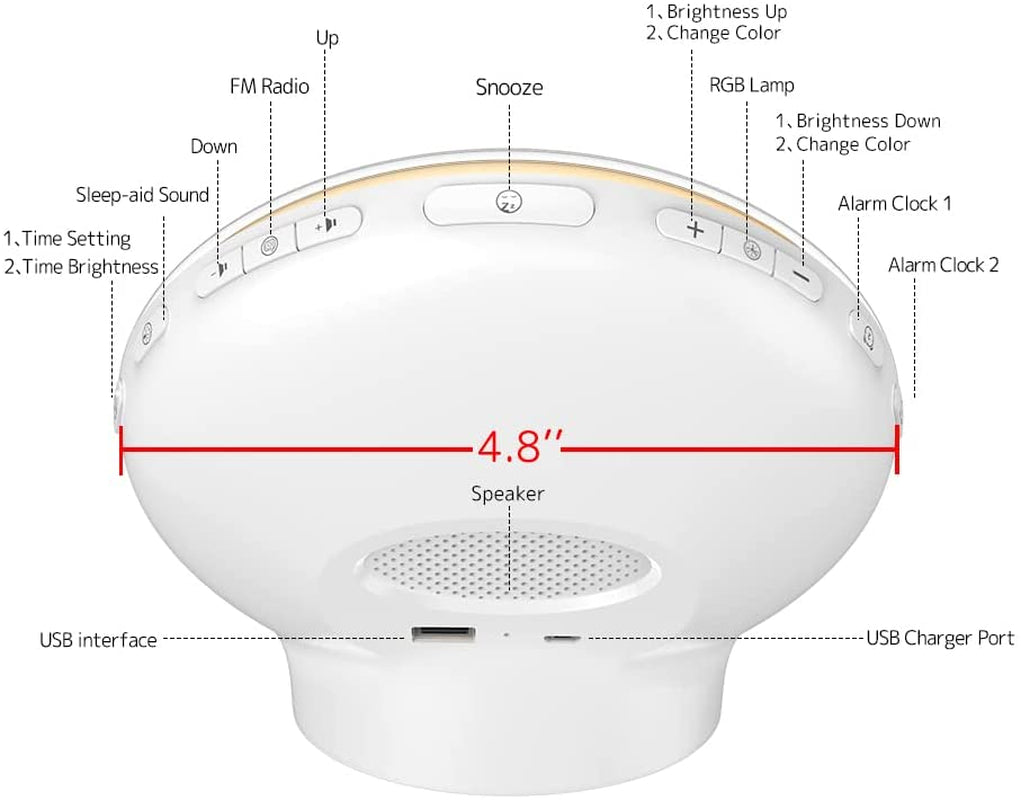 Sunrise Alarm Clock for Deep Sleepers - Sunrise/Sunset Simulation, Dual Alarms, Natural Sounds, Snooze Function, FM Radio, 7-Color Night Light