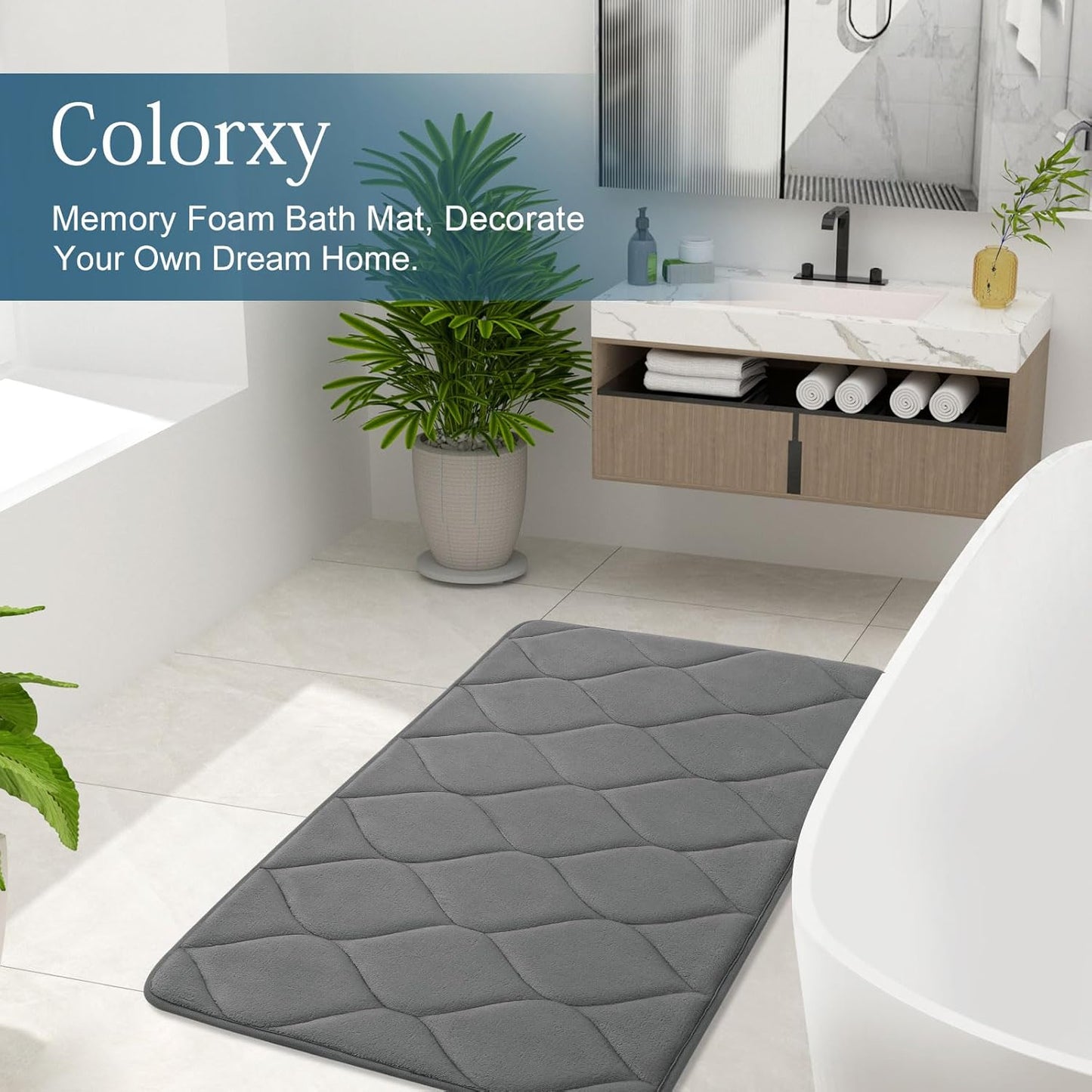 Memory Foam Bath Mats - Soft, Non-Slip, Water-Absorbent, Machine Washable Bathroom Rugs, 24" x 16", Dark Grey