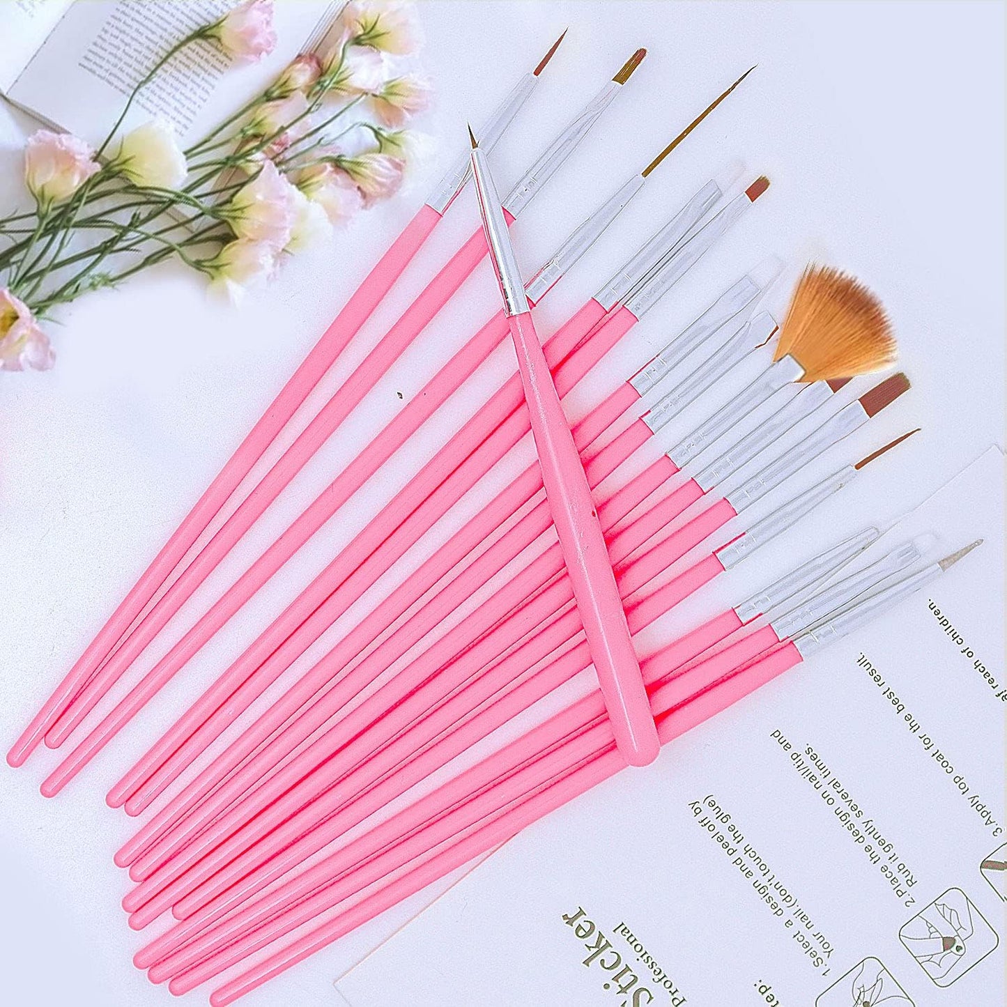 20-Piece Professional Nail Art Design Tools Set: 15 Nail Art Brushes and 5 Dotting Pens in Pink