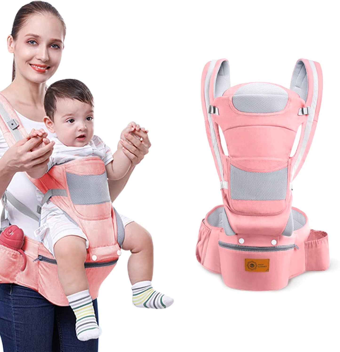 Baby Carrier with Hip Seat and Lumbar Support for Toddlers - Lightweight, Breathable with Ample Storage (Pink)