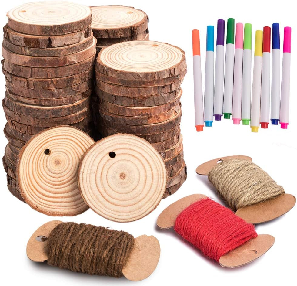 Natural Wood Slices - 50 Unfinished Predrilled Discs (2''-2.4'') with Twine for DIY Crafting, Wedding Decor, and Christmas Ornaments