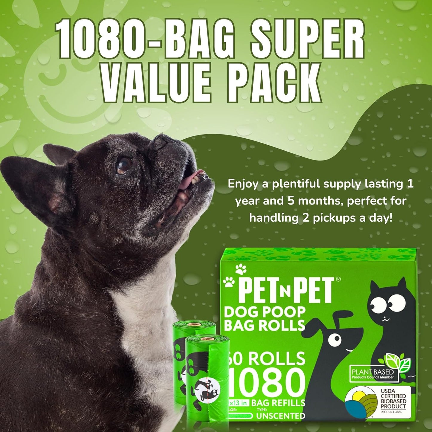Pet Dog Waste Bags, USDA Certified 38% Plant-Based & 62% PE Leakproof, Durable, Eco-Friendly Dog Poop Bags