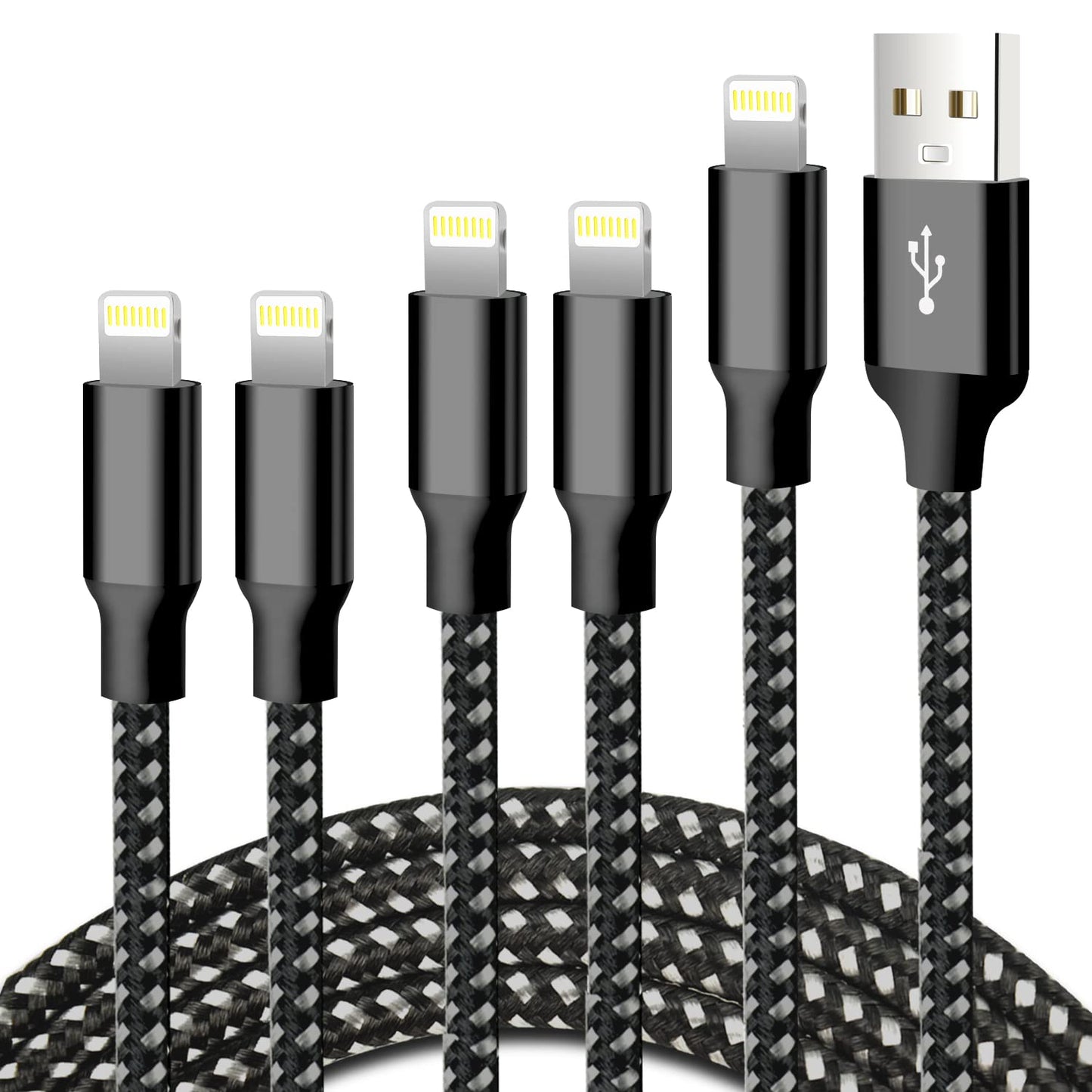 Iphone Charger, 5 Pack 3/3/6/6/10FT Apple Mfi Certified USB Lightning Cable Nylon Braided Fast Charging Cord Compatible for Iphone - Black