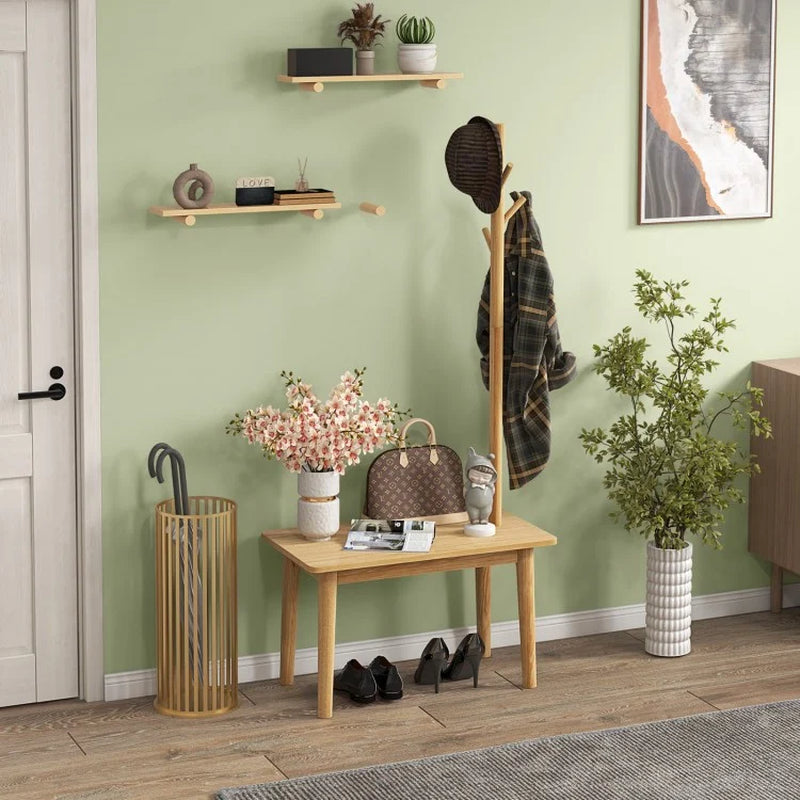 Solid Wood Coat Rack End Table with Integrated Side Table Design