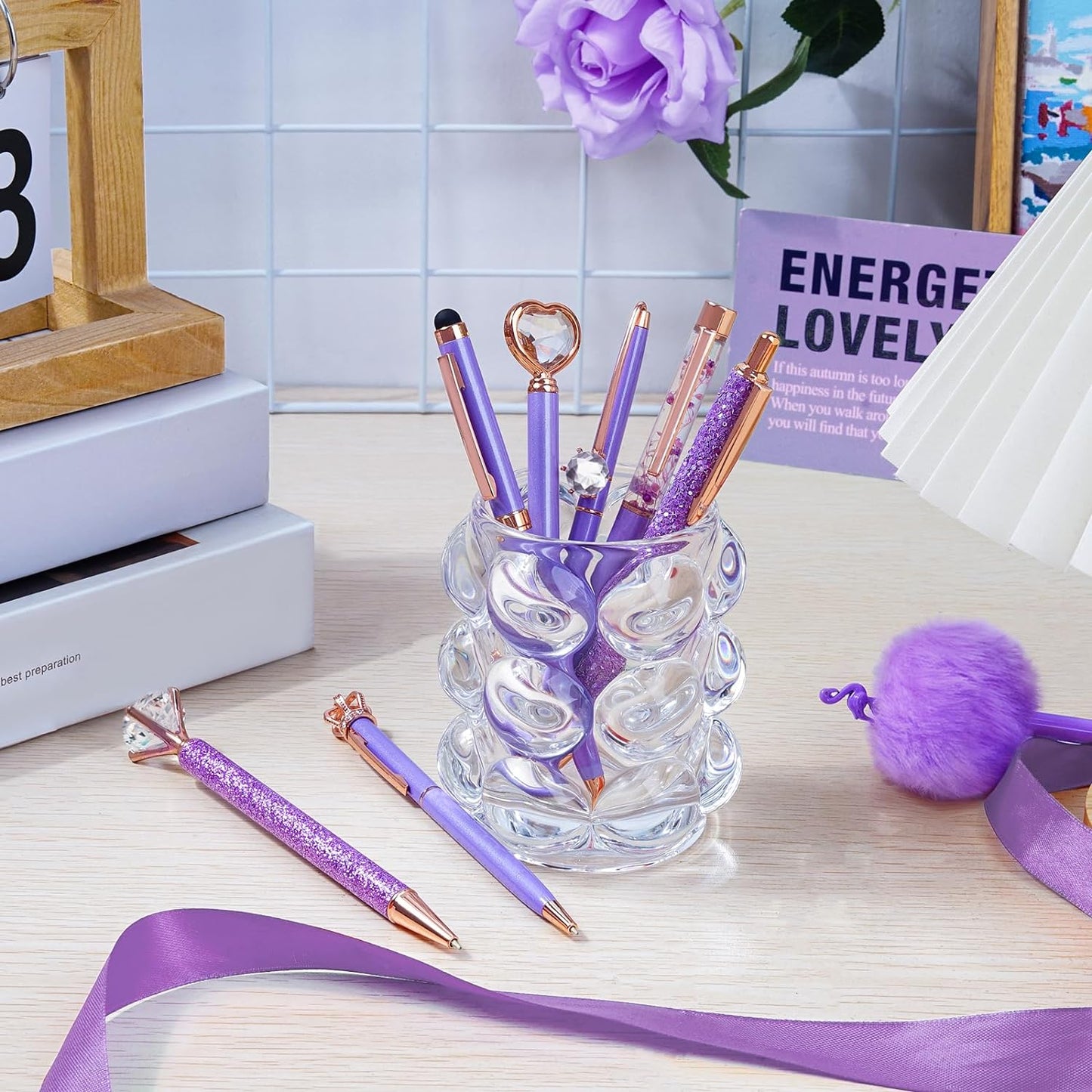 8Pcs Ballpoint Pens Set Purple Pens Set Purple Ballpoint Pen Bling in Black & Blue Ink Metal Crystal Diamond Pen for Journaling Glitter Fancy Pens Gifts for Women Wedding Office