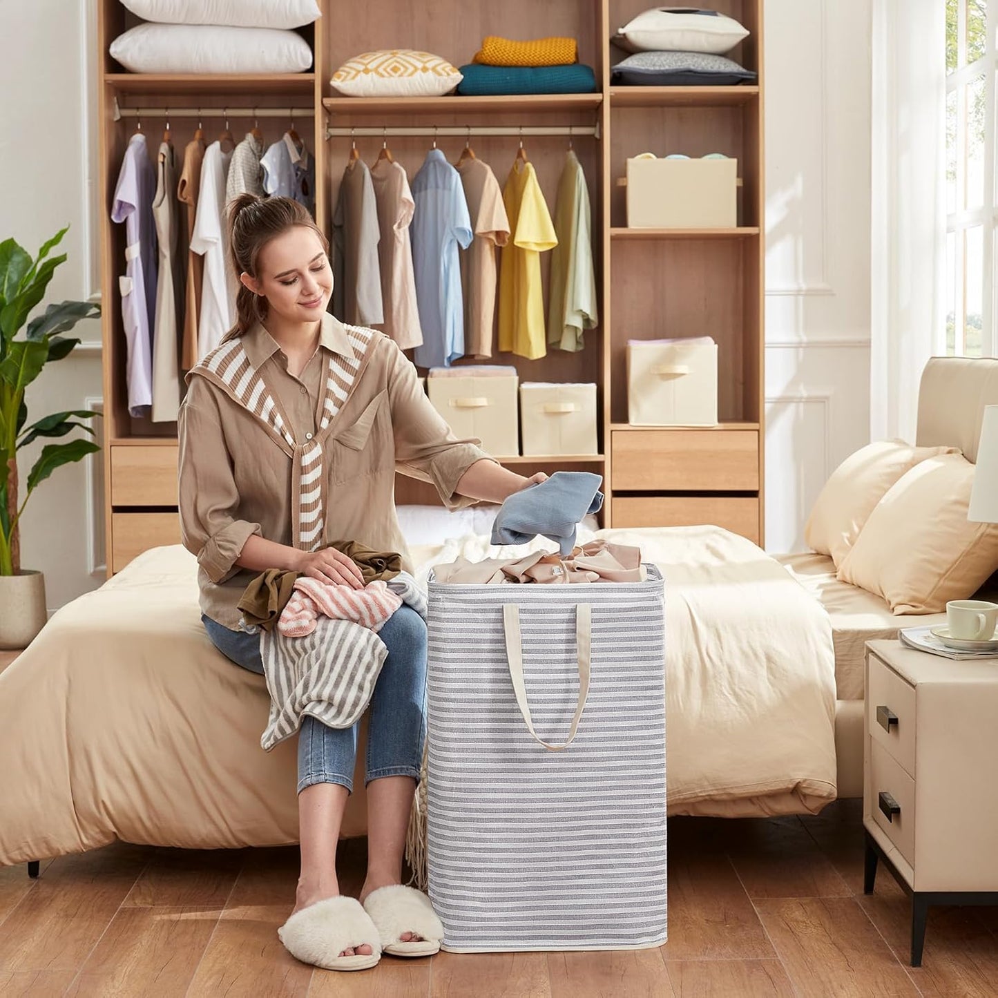 Laundry Hamper, 24" Tall Collapsible Clothes Hamper Large Capacity Basket with Extended Handles for Storage Clothes Toys in Bedroom, Bathroom, Grey, 3 Pack