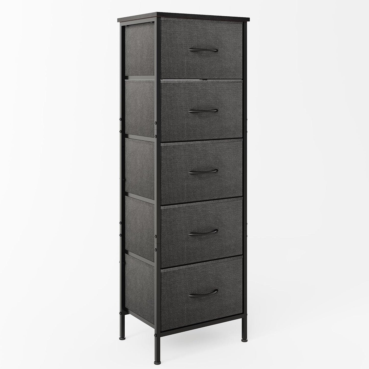 5-Drawer Tall Dresser for Bedroom, Fabric Dresser, Storage Dresser Organizer with Fabric Bins, Wood Top, Sturdy Steel Frame, Chest of Drawers for Closet, Hallway (Charcoal Black)
