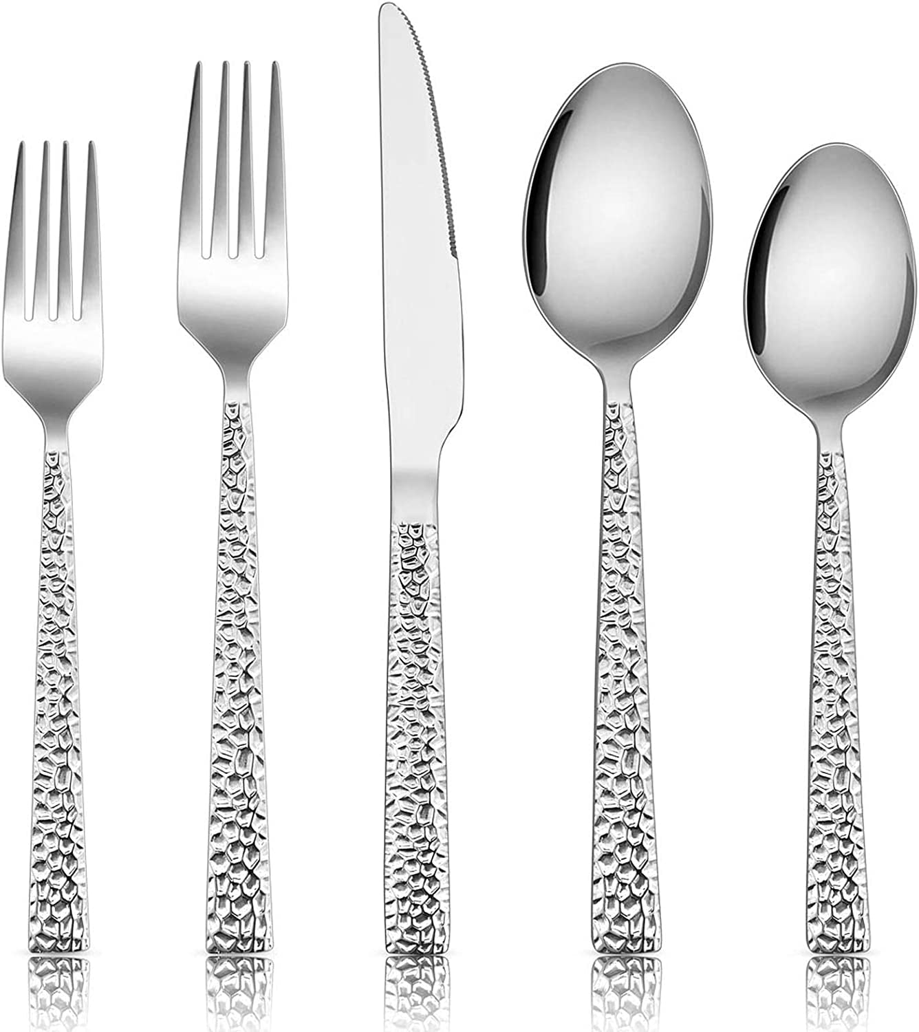 40-Piece Hammered Stainless Steel Flatware Set for 8 - Modern Square Design Cutlery with Dinner Knives, Forks, and Spoons - Mirror Polished