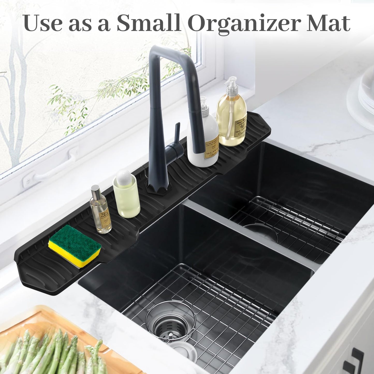 30-Inch Silicone Kitchen Sink Splash Guard and Draining Mat, Extra Long Faucet Drainer Pad, Sink Protector Accessories - Black