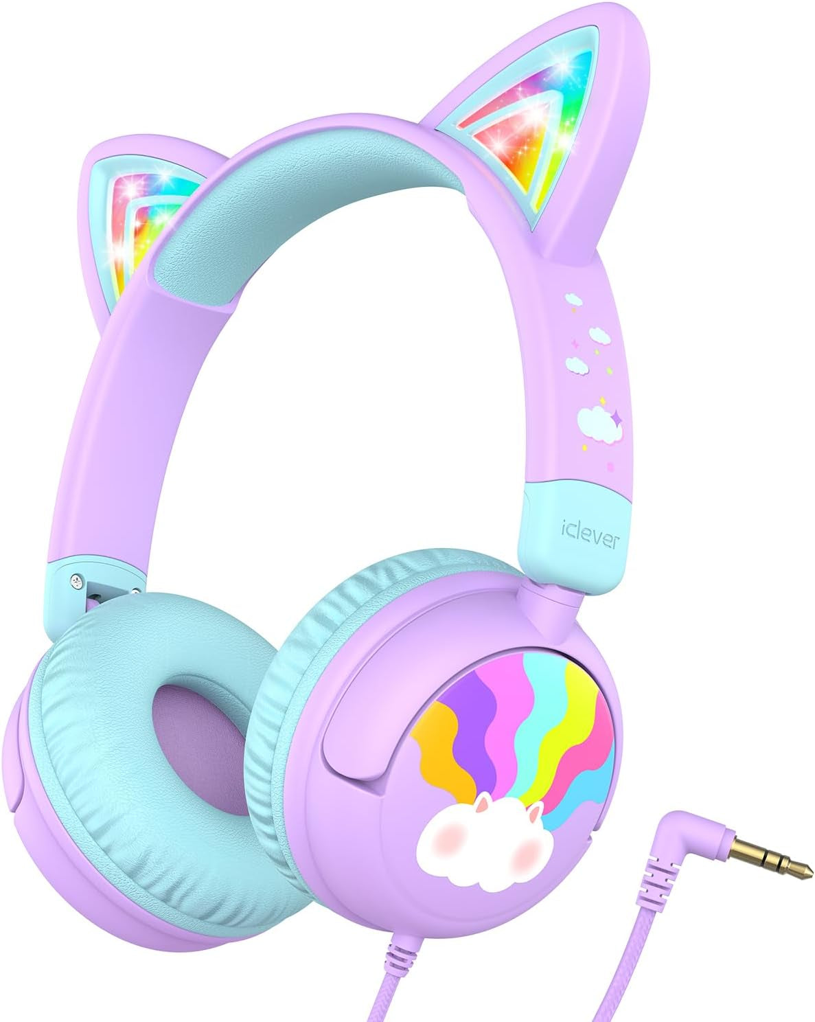 Children's Cat Ear Headphones with LED Lights, 85dBA Volume Limiting, Stereo Sound, Foldable Wired Design for Travel and School, Compatible with iPads and Tablets, Meow Lollipop - Hot Pink
