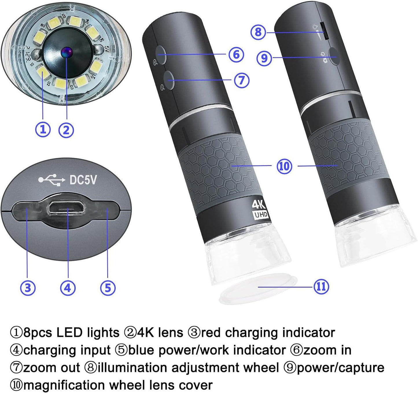 Wireless Digital Handheld Microscope - 4K Camera, 50-1000X Magnification, and Metal Stand for iPhone, iPad, Android, Mac, Windows, and Linux