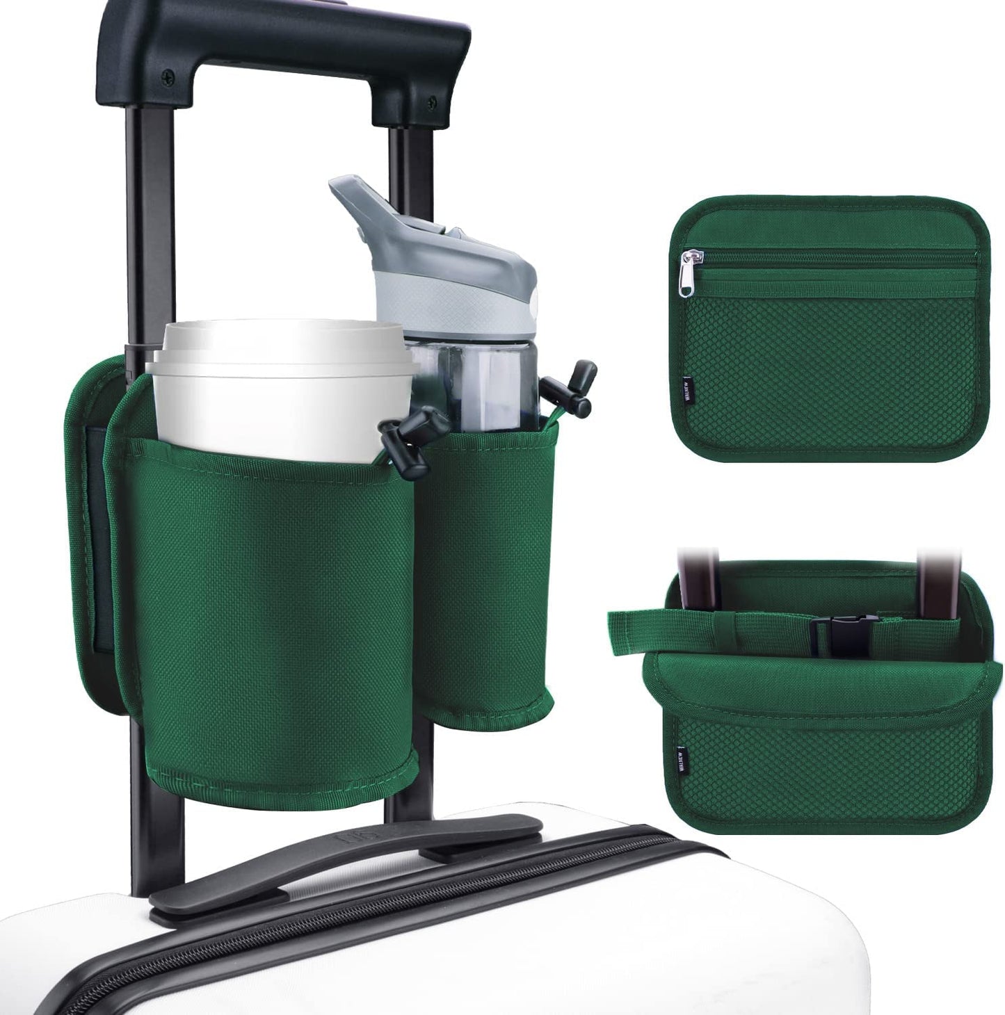 Luggage Travel Cup Holders for Roll-On Suitcase Handles - Beverage Carrier for Coffee Mugs and Drinks