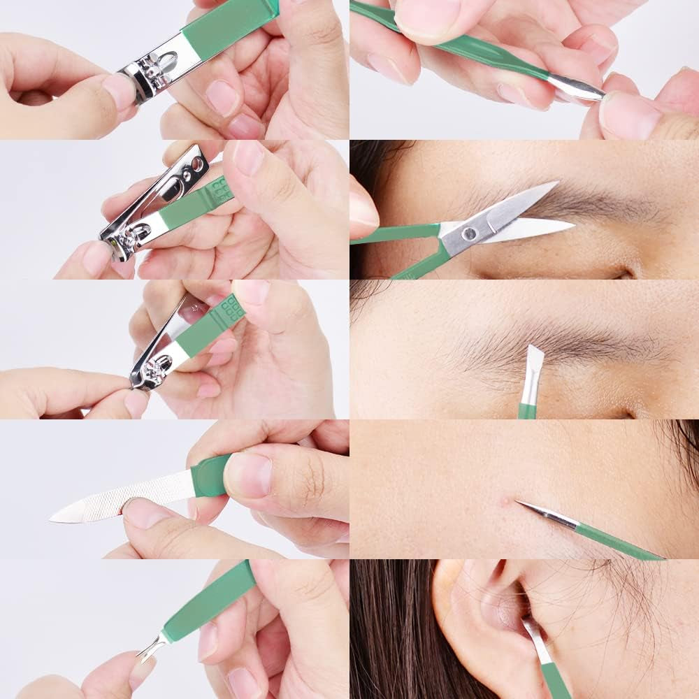 10-in-1 Stainless Steel Manicure Set - Portable Travel Grooming Kit for Men and Women with Leather Case (Jade Green)