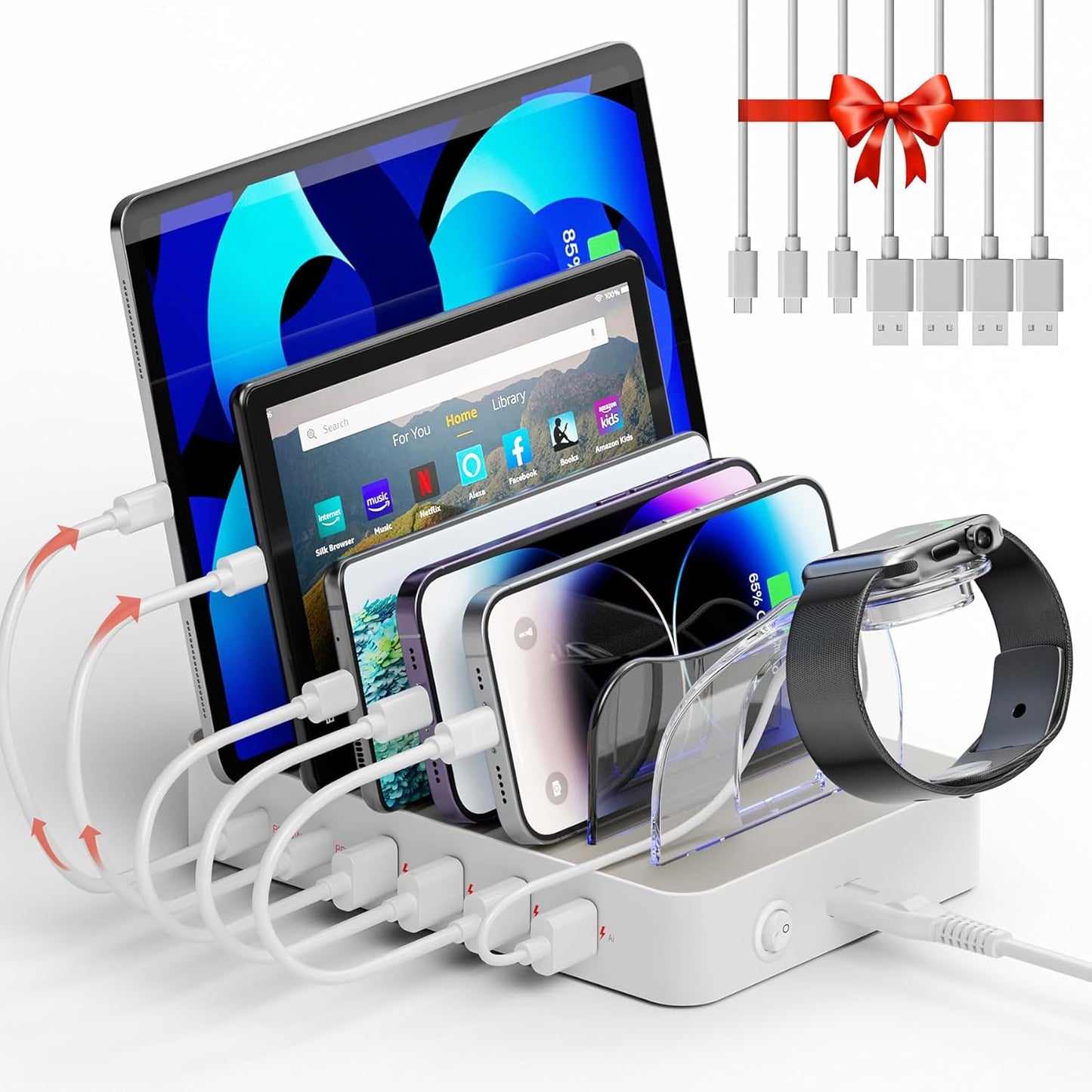 Fast USB Charging Station - 6 Port USB C Charging Dock with 2 PD 20W, Multiple Devices Charging Station Organizer