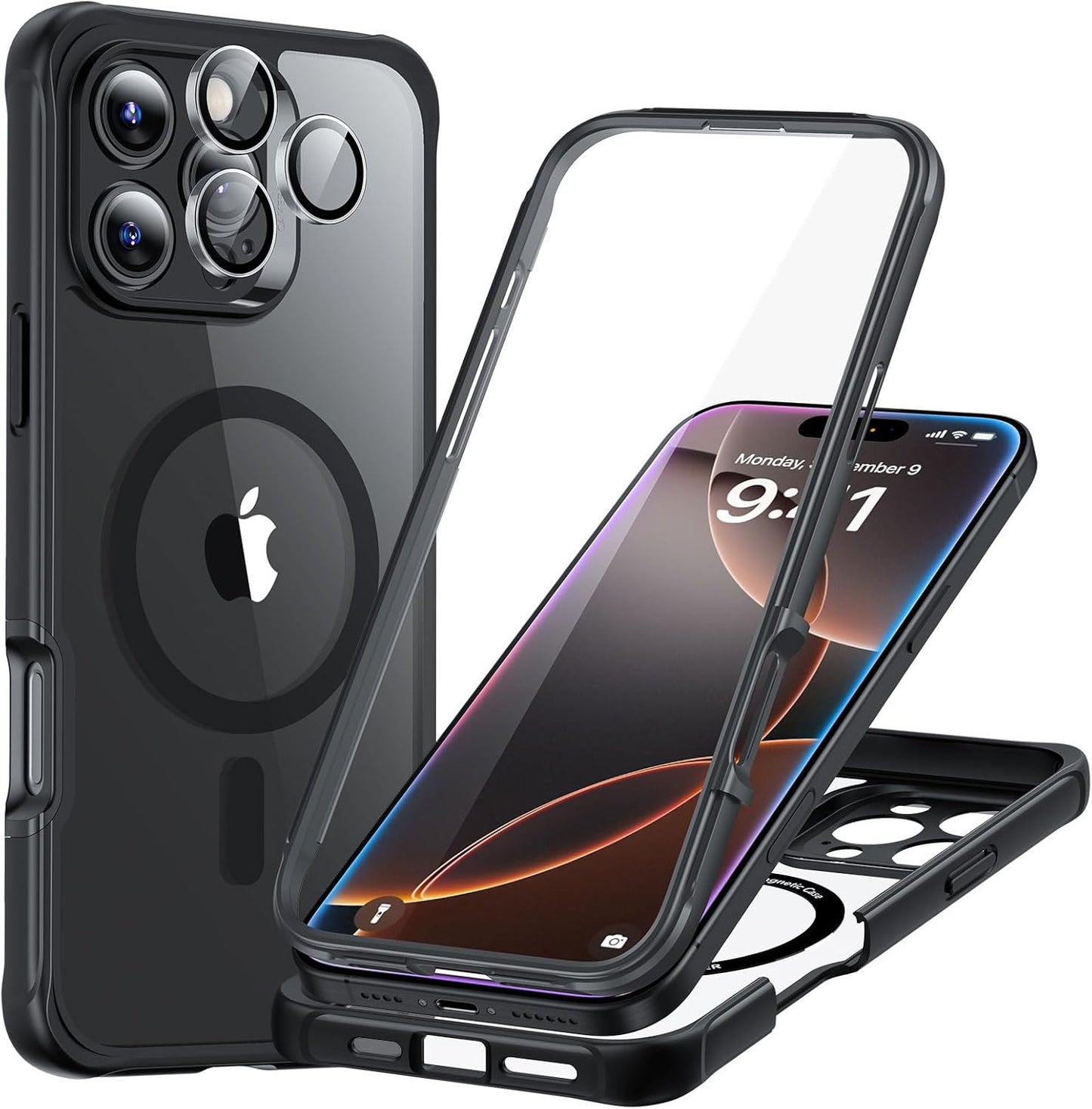 iPhone 15 Pro Max Armor Series Case: Full-Body Shockproof MagSafe Protection with Built-In Stash Stand and Individual Lens Protectors - Black