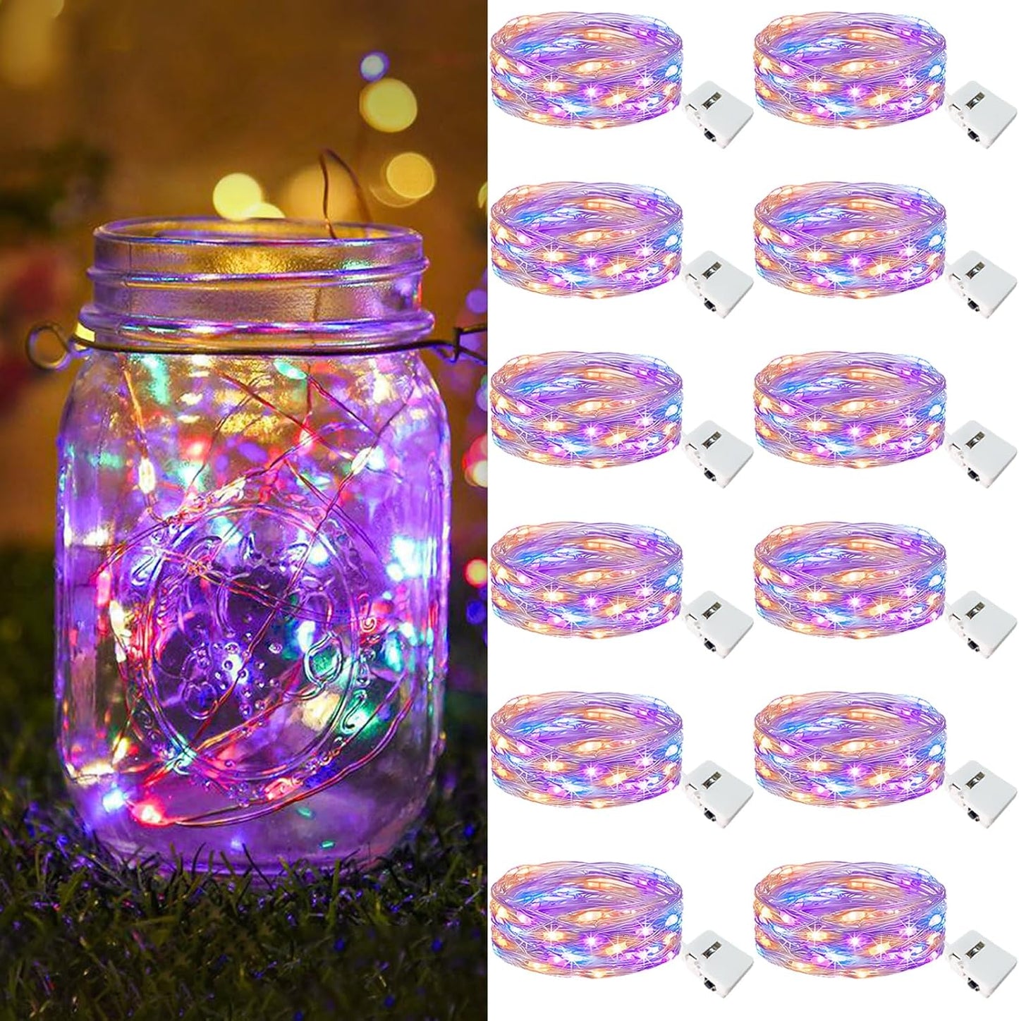 12-Pack 7FT 20LED Battery-Powered Fairy Lights with 3 Modes - Waterproof Silver Wire Mini String Lights for Indoor Mason Jar DIY, Wedding, and Christmas Decor in Warm White