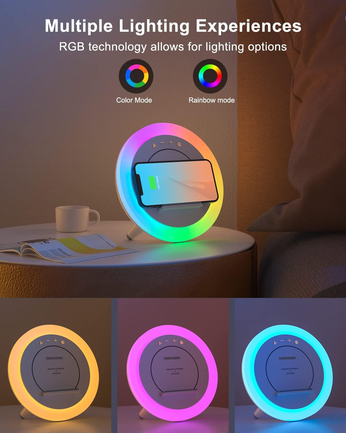 Bluetooth Speaker with LED Lighting and Wireless Charging, Dimmable Multi-Color Modern Night Lamp for Bedroom