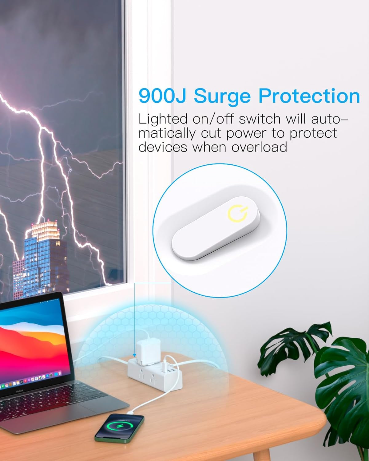 10FT Indoor Extension Cord with Surge Protector, Flat Plug, 6 Outlets and 3 USB Ports (including 1 USB-C) for Home, College