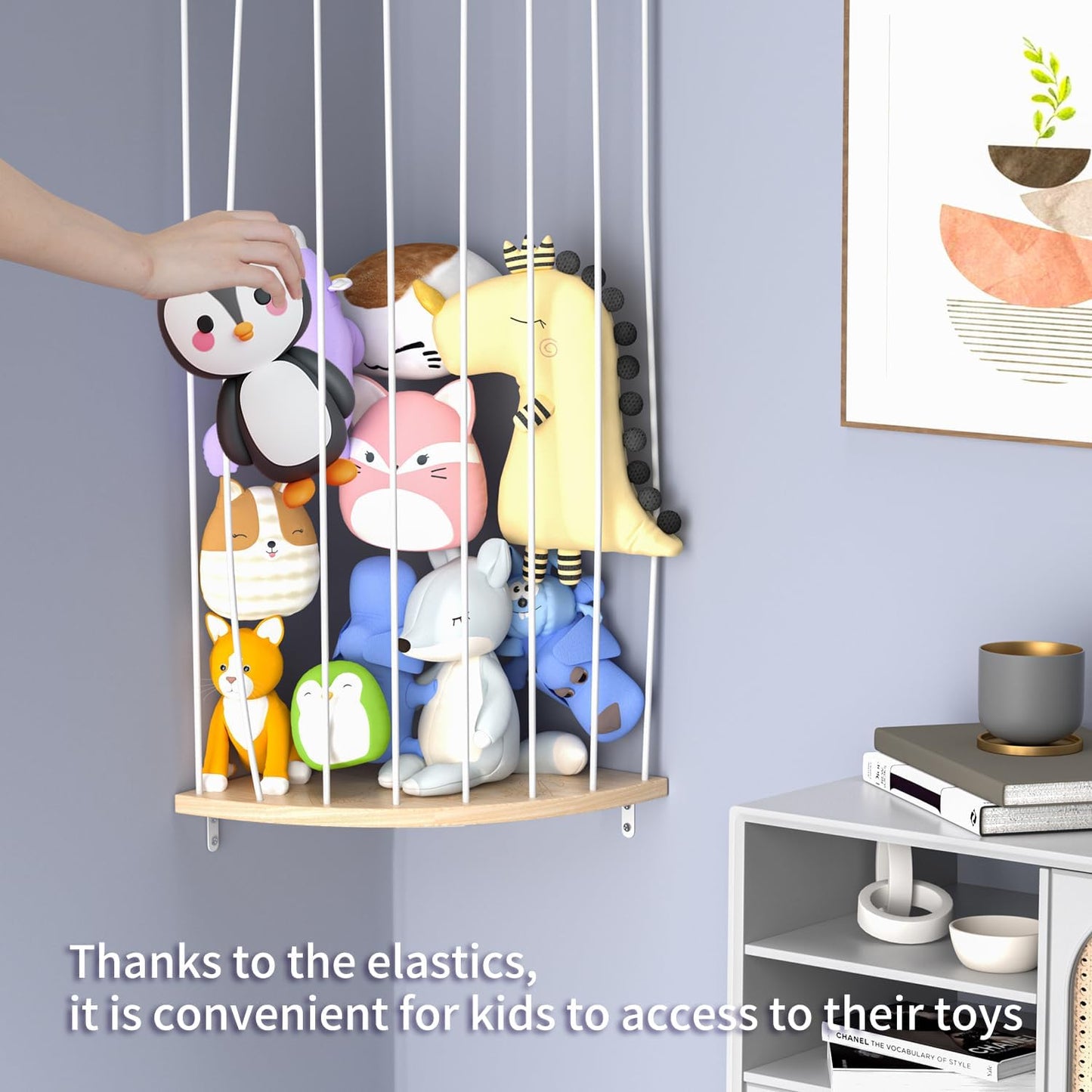 Wooden Stuffed Animal Storage Shelf with Adjustable Length - Large Corner Organizer for Plush Toys, Featuring Moon Zoo Pattern