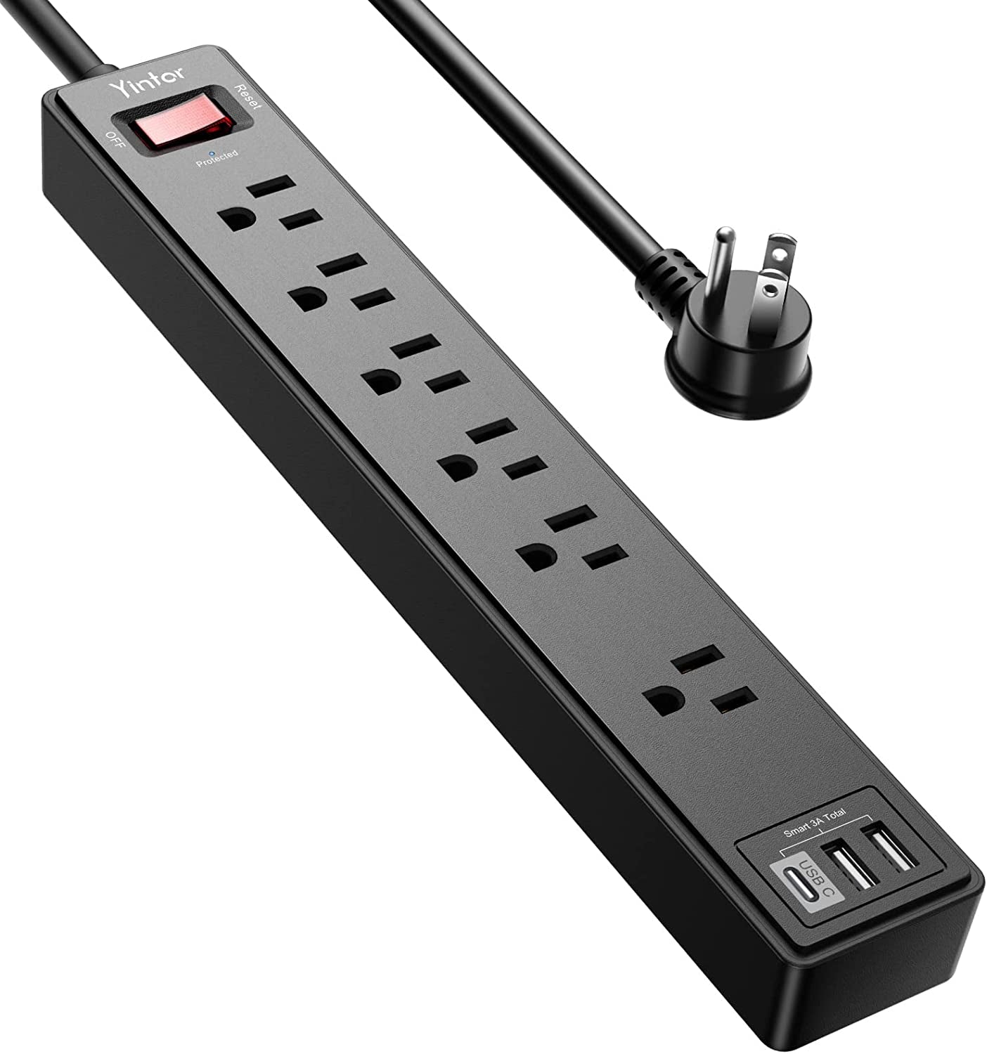 6-Foot Power Strip Surge Protector with 6 AC Outlets and 3 USB Ports (1 USB-C), 1680 Joules, ETL Listed, Black