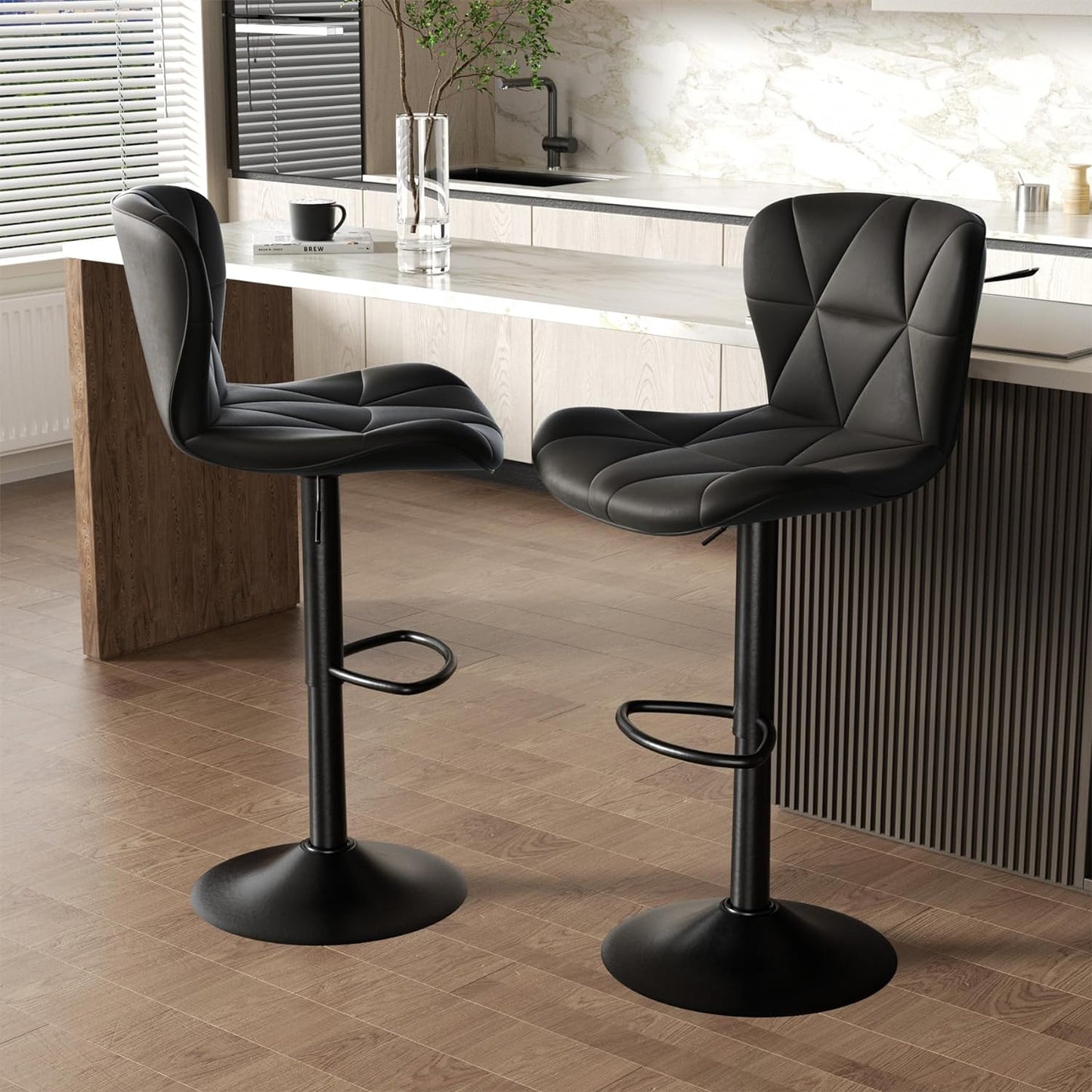 Set of 2 Adjustable Faux Leather Upholstered Swivel Bar Stools with Back for Kitchen Island, Counter Height, Black