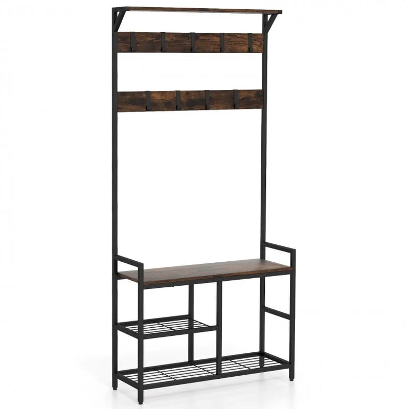 71-Inch Freestanding Hall Tree with Shoe Bench and Nine Removable Hooks
