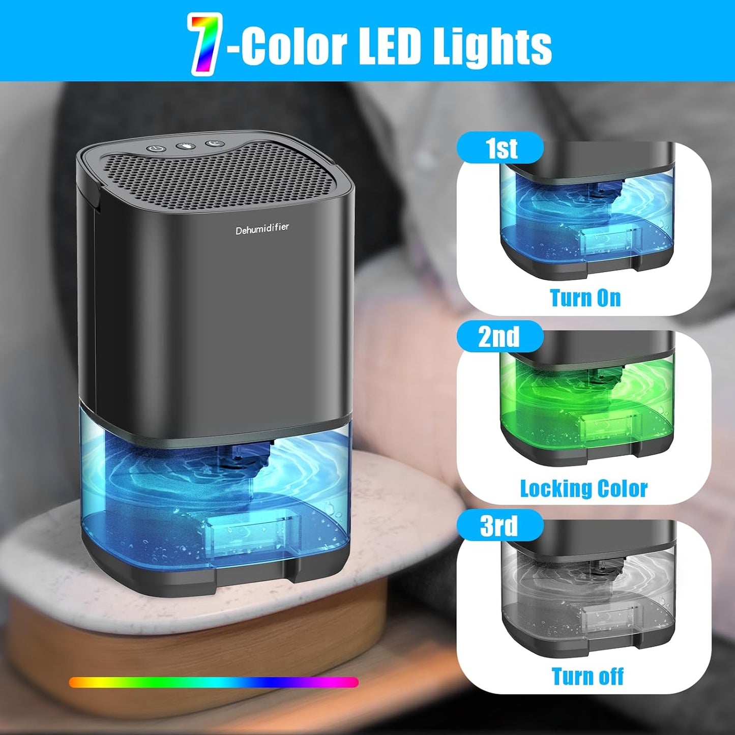 Compact 35Oz Dehumidifier for Bedrooms and Small Spaces, 2500 Cubic Feet (350 Sq Ft), Ultra Quiet with Auto Shut-Off and 7 LED Lights, Black