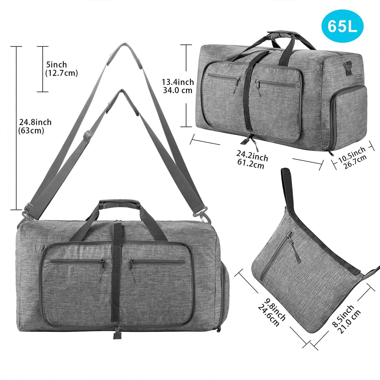 Men's Travel Duffle Bag with Shoe Compartment, Foldable Waterproof and Tear-Resistant Overnight Bag Available in 65L, 85L, and 115L
