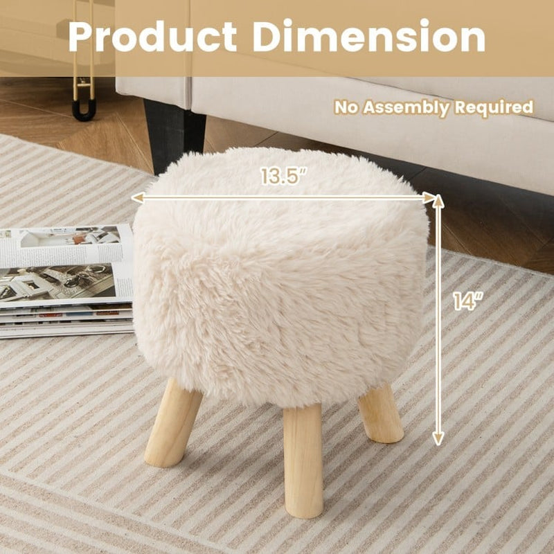 Round Faux Fur Ottoman Footstool with Padded Seat and Rubberwood Legs