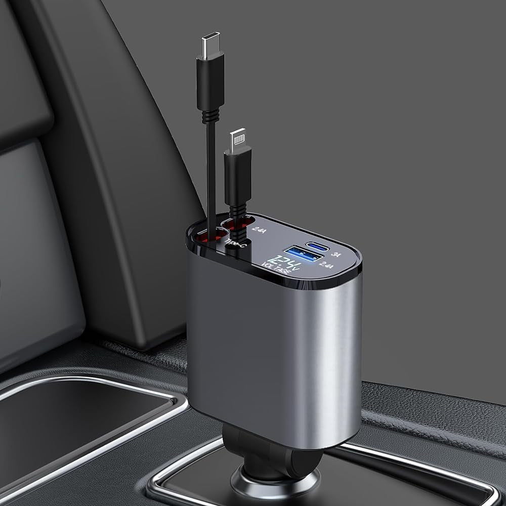 4-in-1 Fast Car Phone Charger, 60W USB Charger - Retractable Cables, Compatible with iPhone 15/14/13/12/11 and Galaxy Devices
