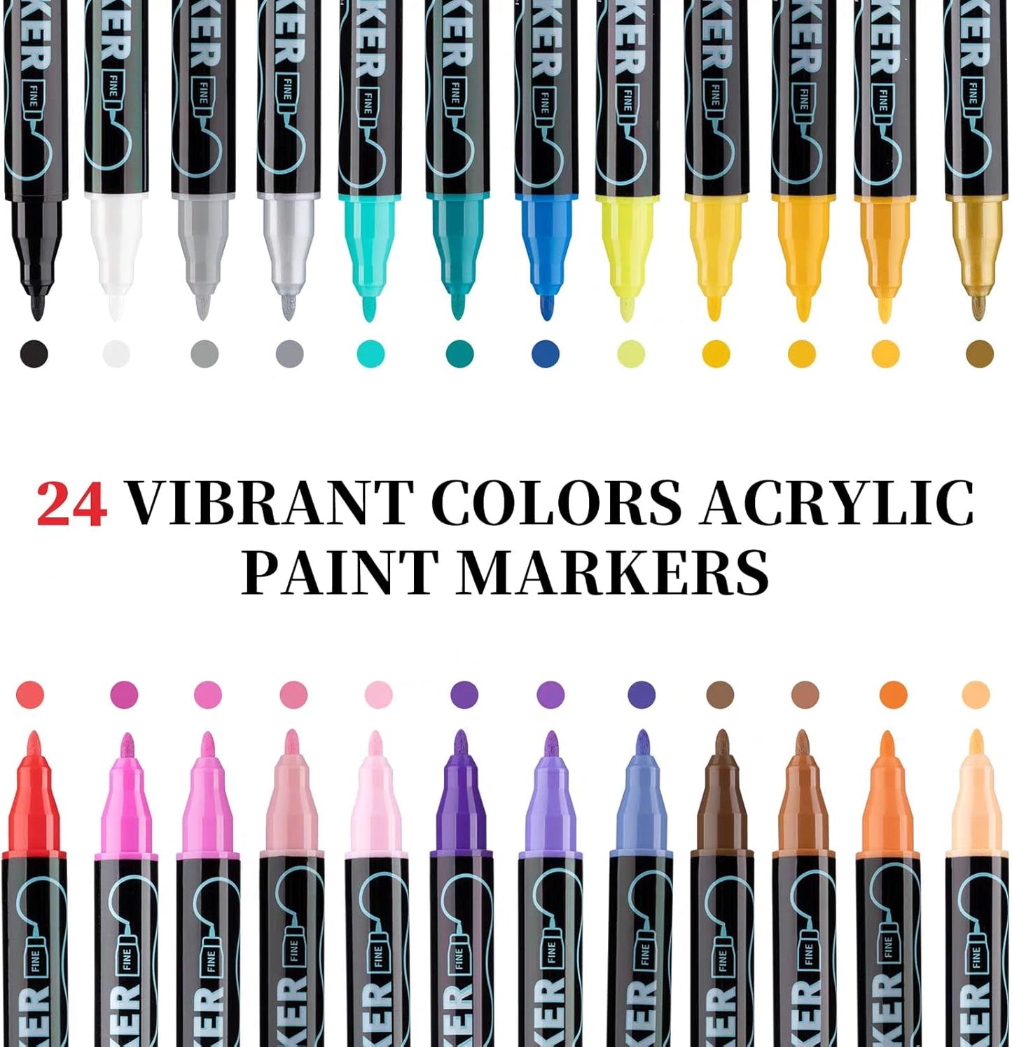 Dual Tip Acrylic Paint Pens - 24 Color Set for Versatile Art Projects on Rock, Canvas, Plastic, Metal, Wood, and Stone